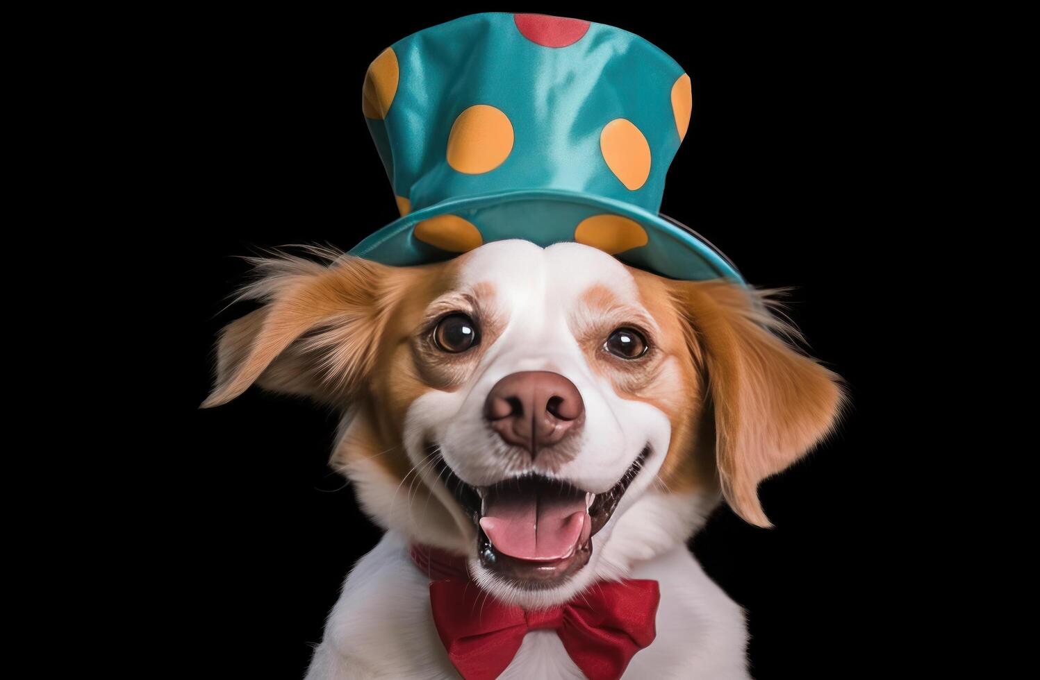 AI generated dog in clown hat on black background photo