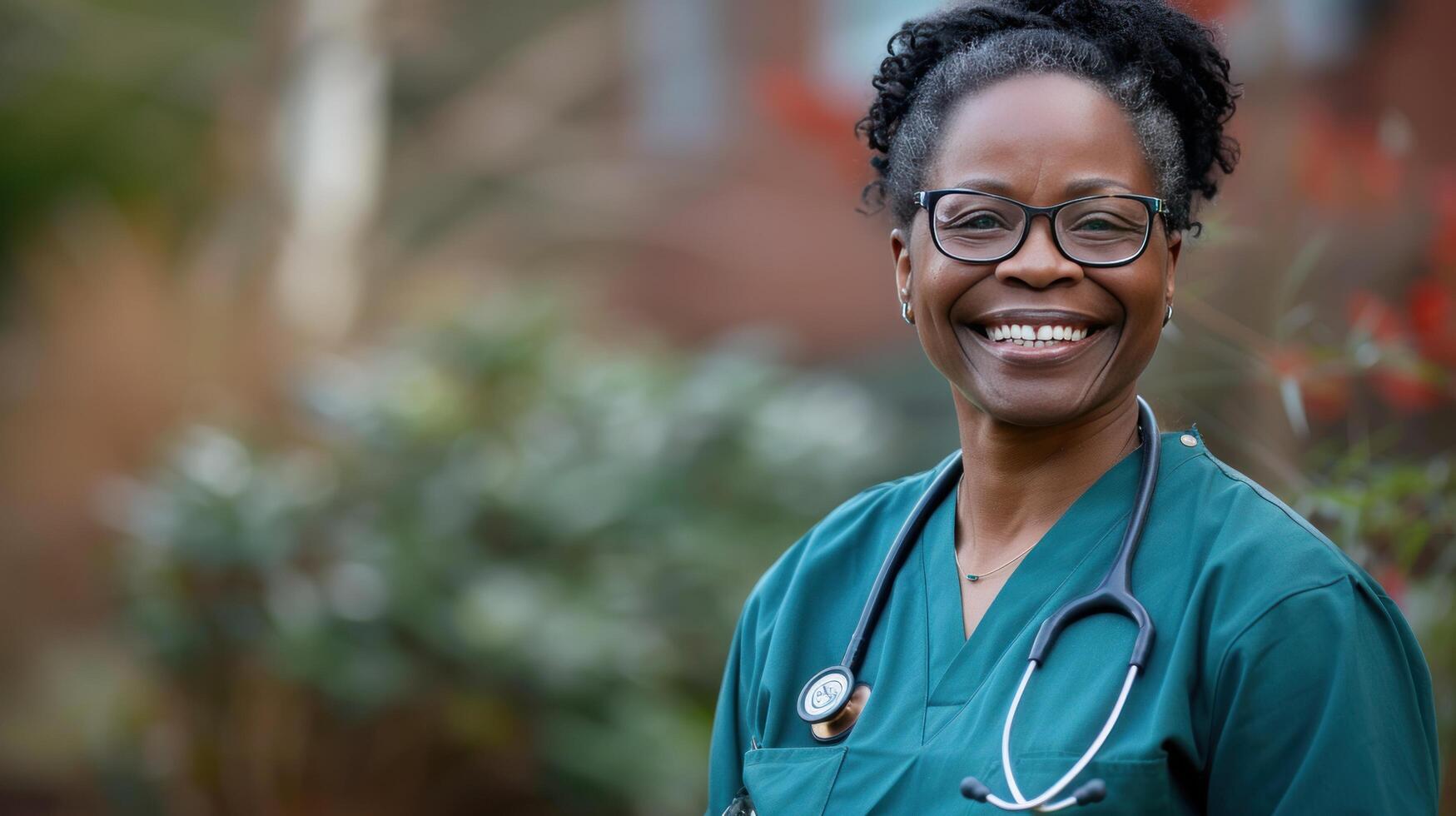 AI generated A compassionate nurse, in scrubs, smiles warmly, representing care and empathy in the healthcare profession photo