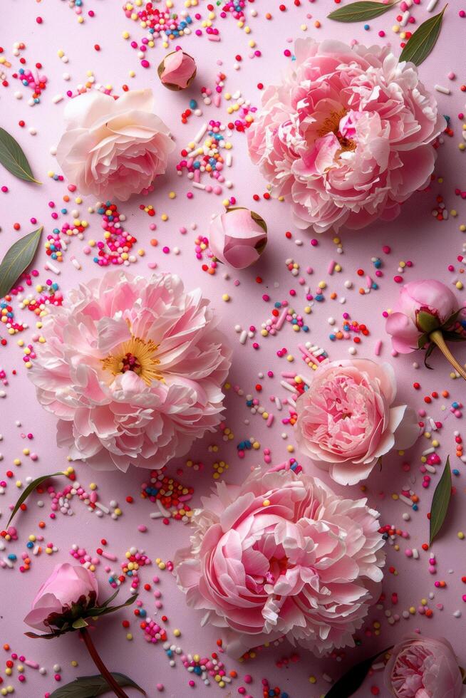 AI generated A top-down image featuring pink peony roses and sprinkles on a pastel pink background with space for customization photo