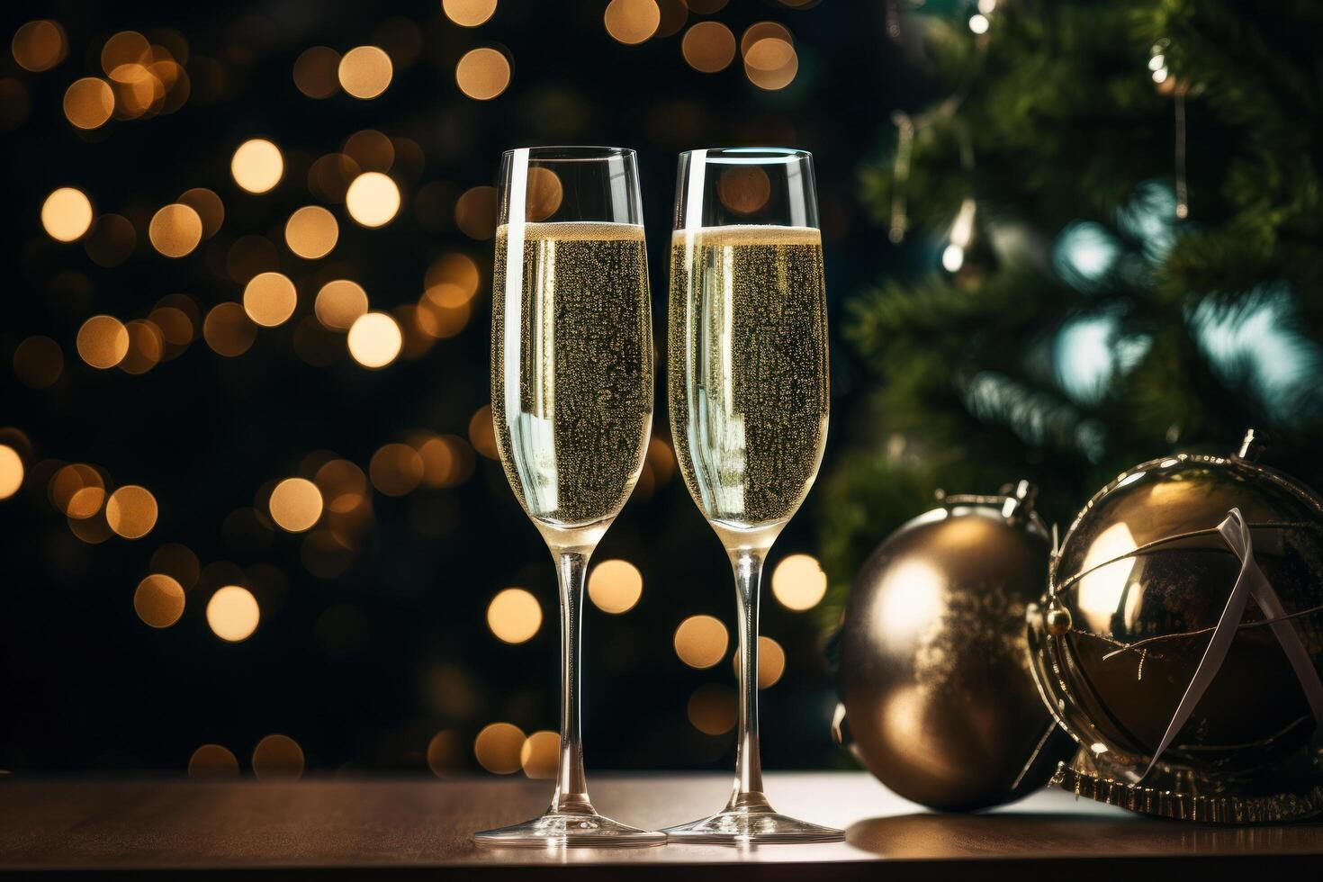 AI generated two glasses of champagne are sitting in front of a christmas tree photo