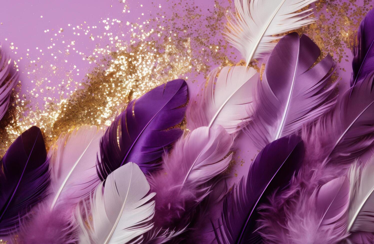 AI generated purple and gold feathers and gold gold confetti background photo