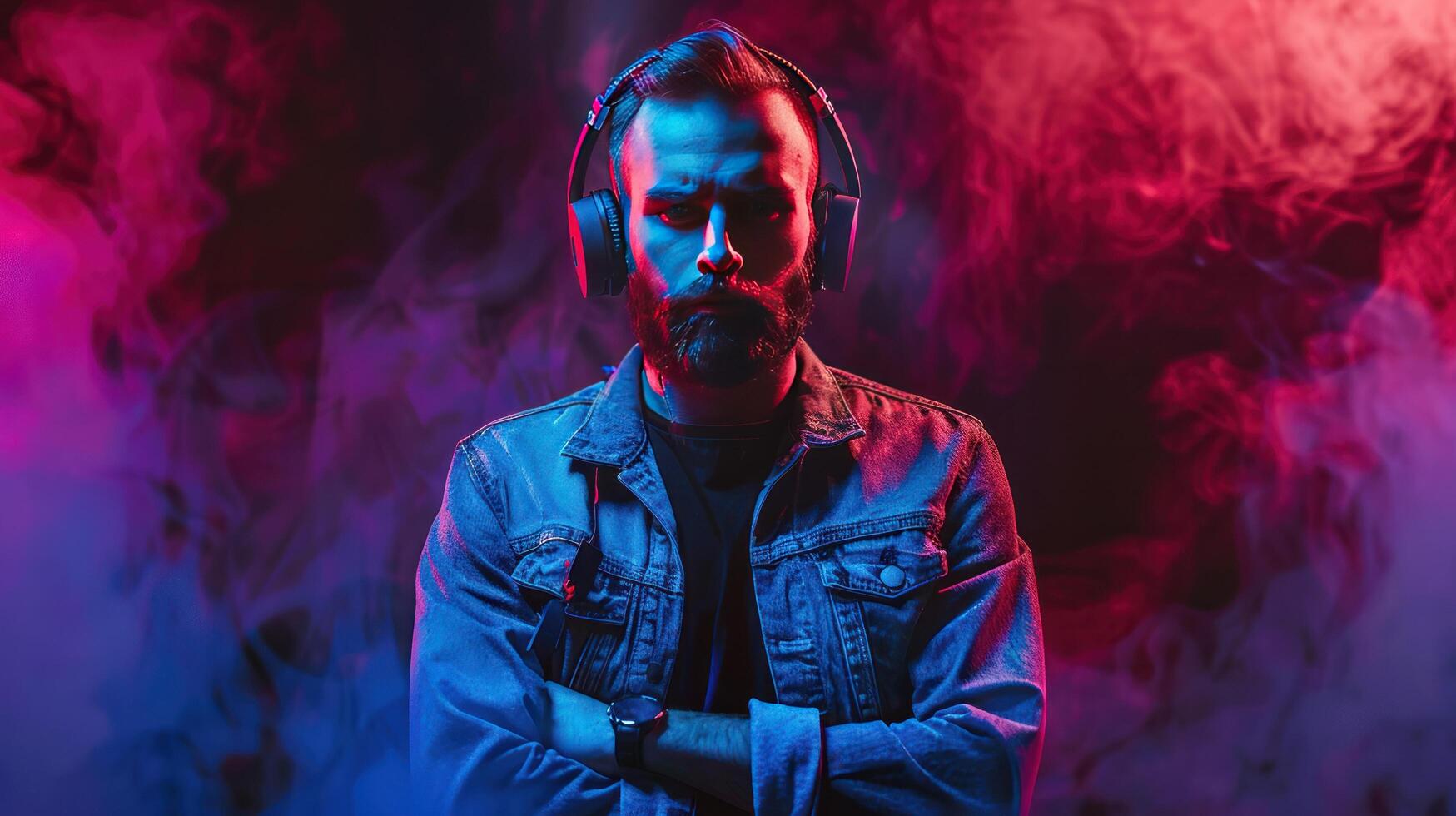 AI generated Handsome young DJ in headphones stands on a dark neon minimalistic background and looks at the camera photo