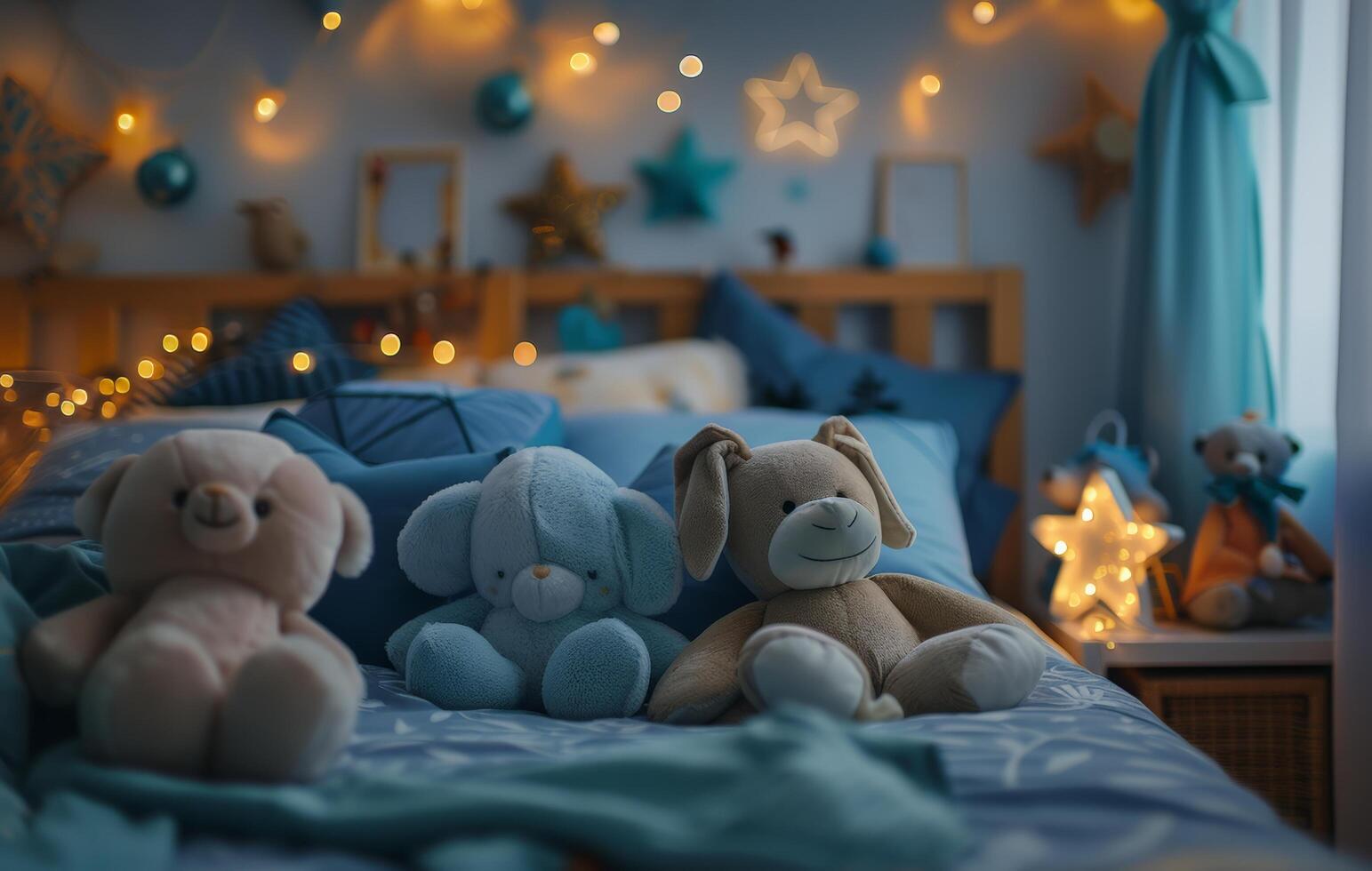 ai generado un azul cama con decorativo almohadas, relleno animales y luces foto