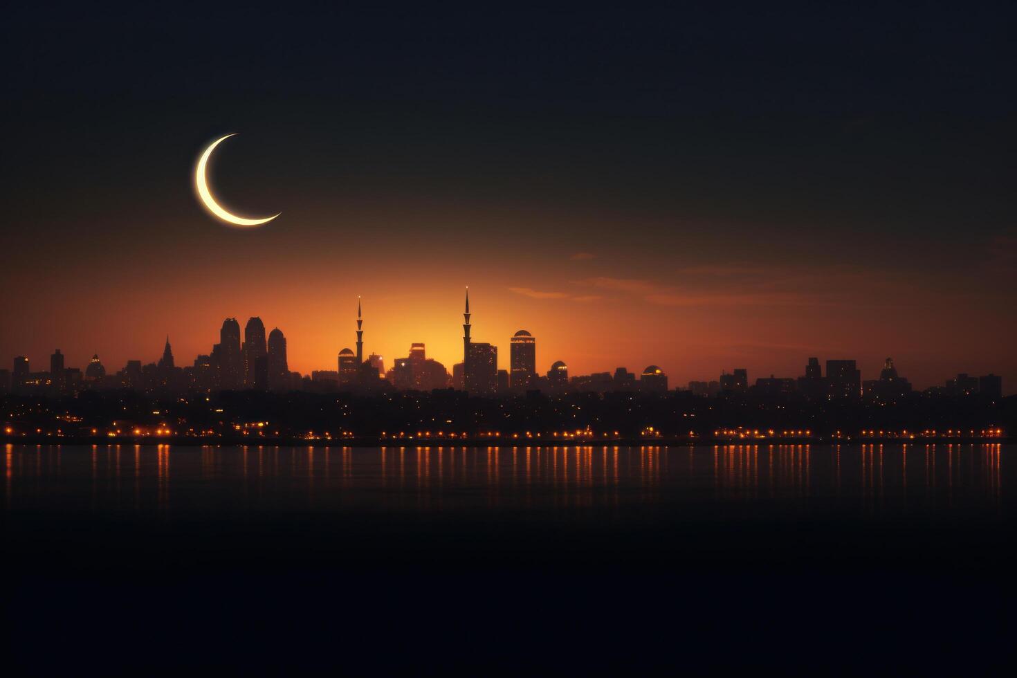 AI generated a crescent and city skyline at sunset photo