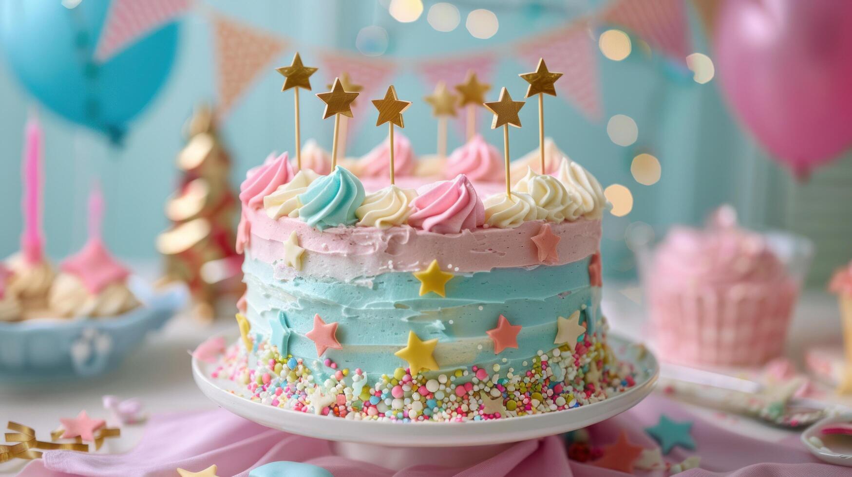 AI generated A stunning birthday cake adorned with pastel rainbow colors, festive bunting, and golden star cake toppers photo