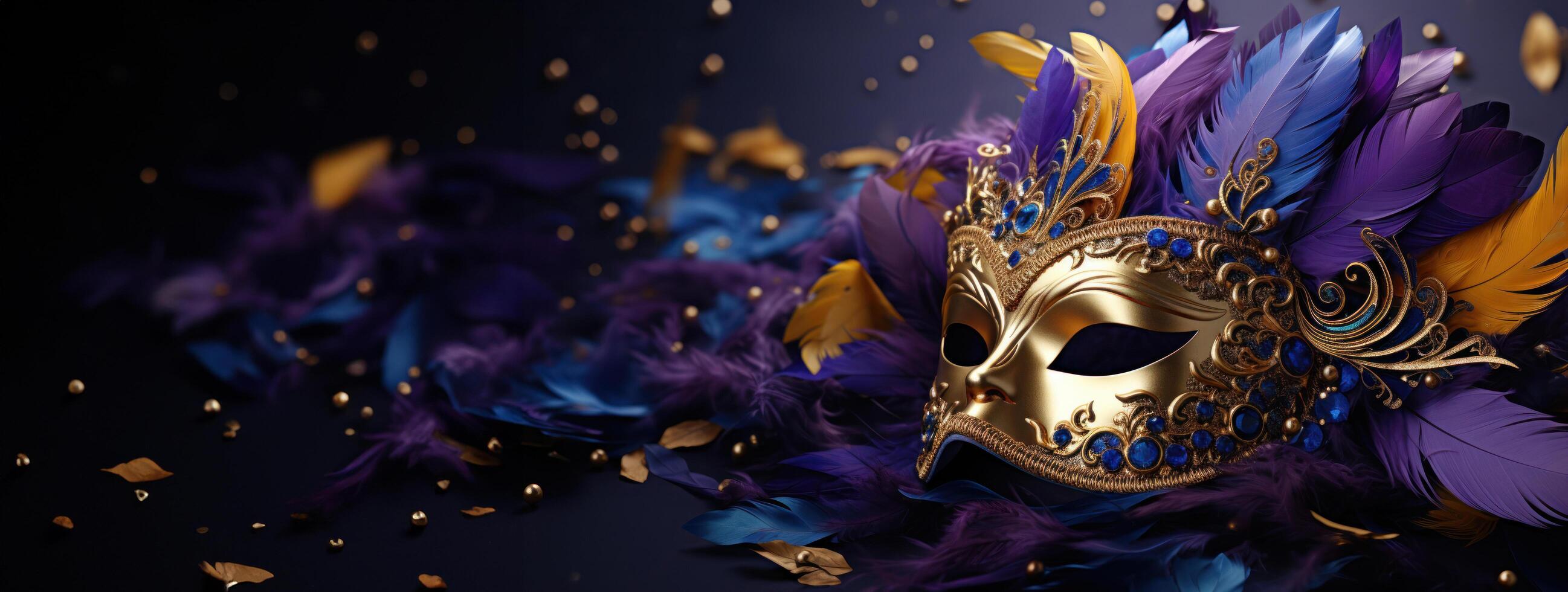 AI generated carnival mask with feathers, gold, violet, blue, yellow photo