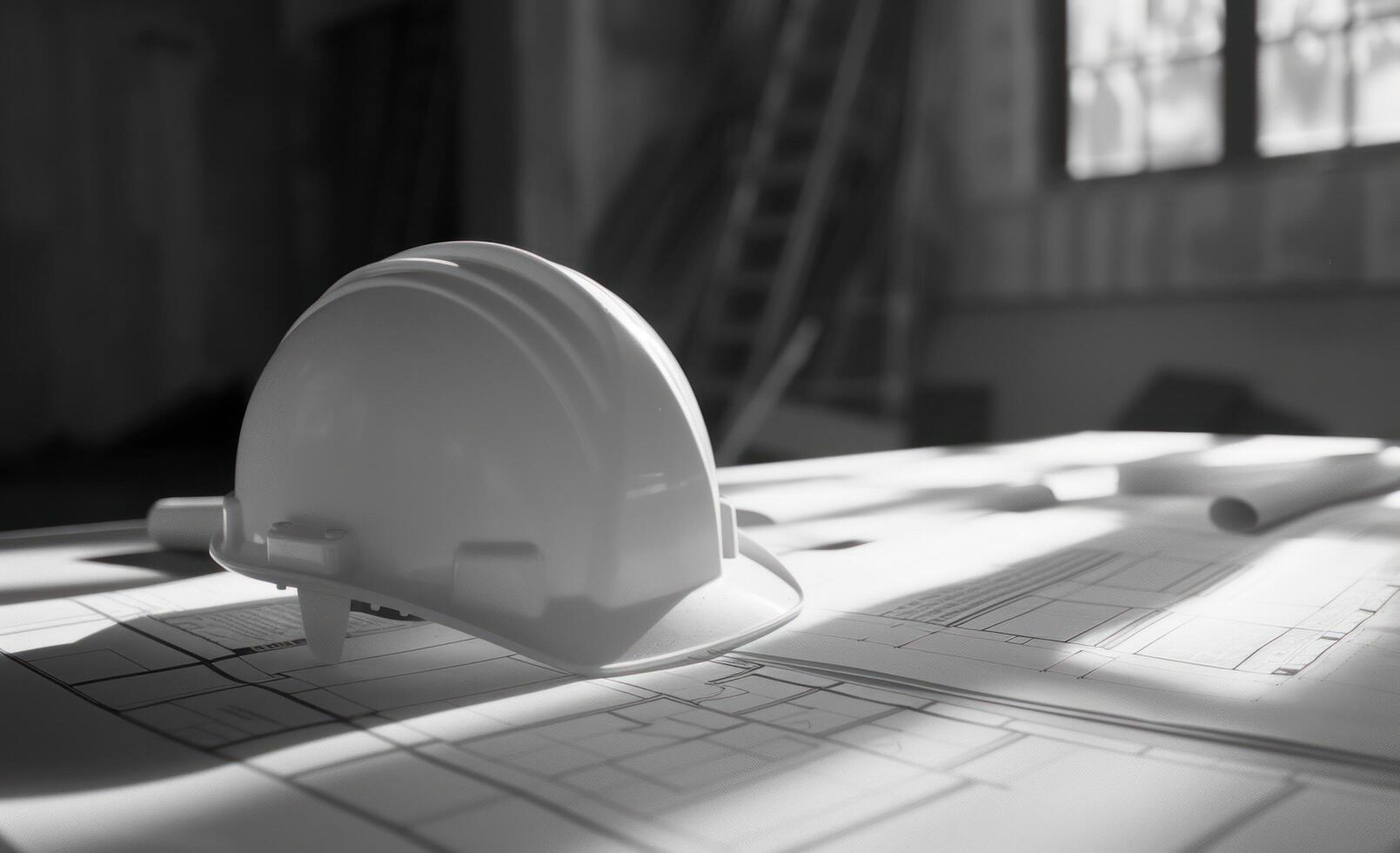 AI generated hard hat and white building plans on a table photo