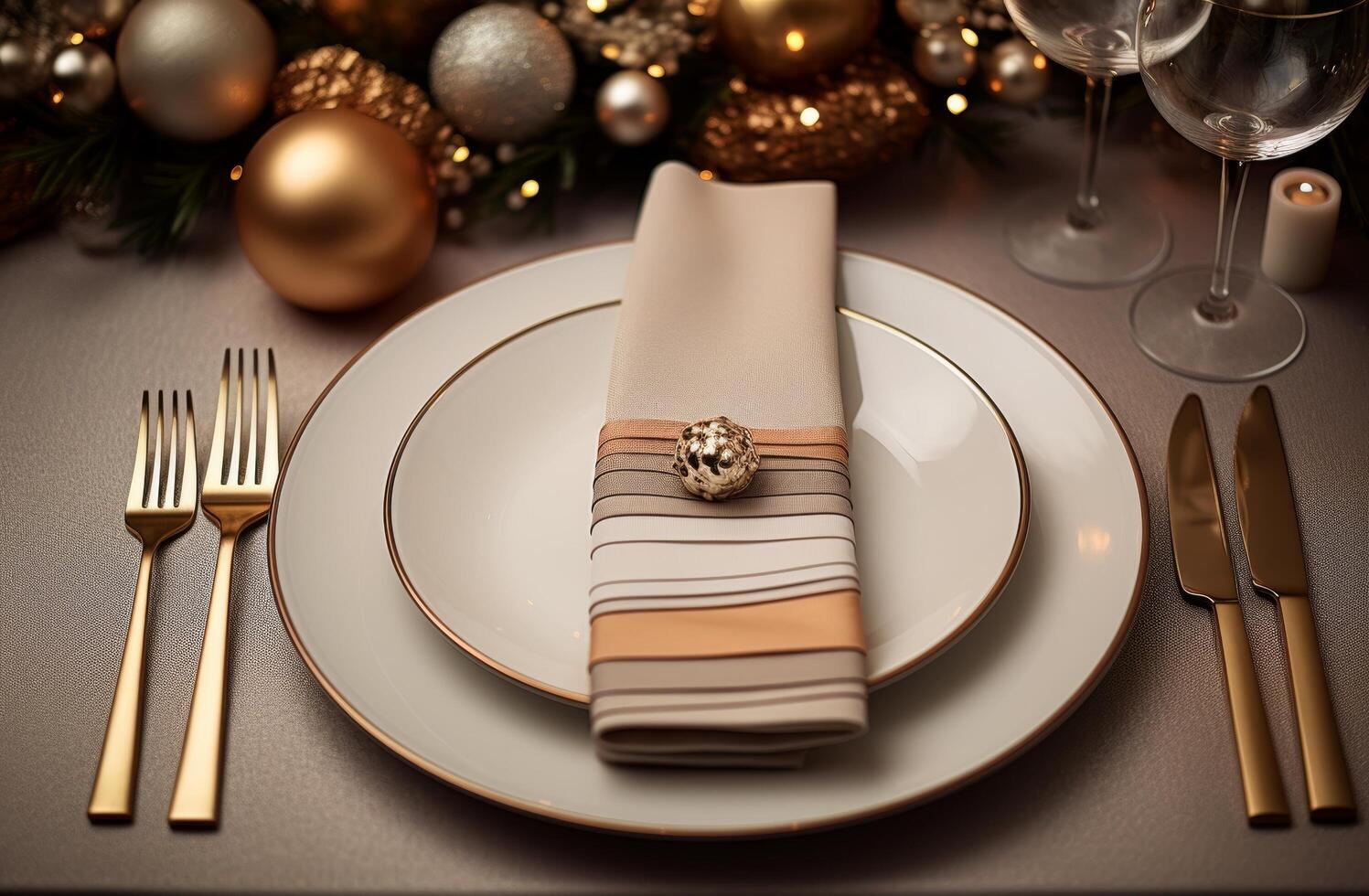 AI generated the table setting is set with gold, gray and place settings for a dinner photo