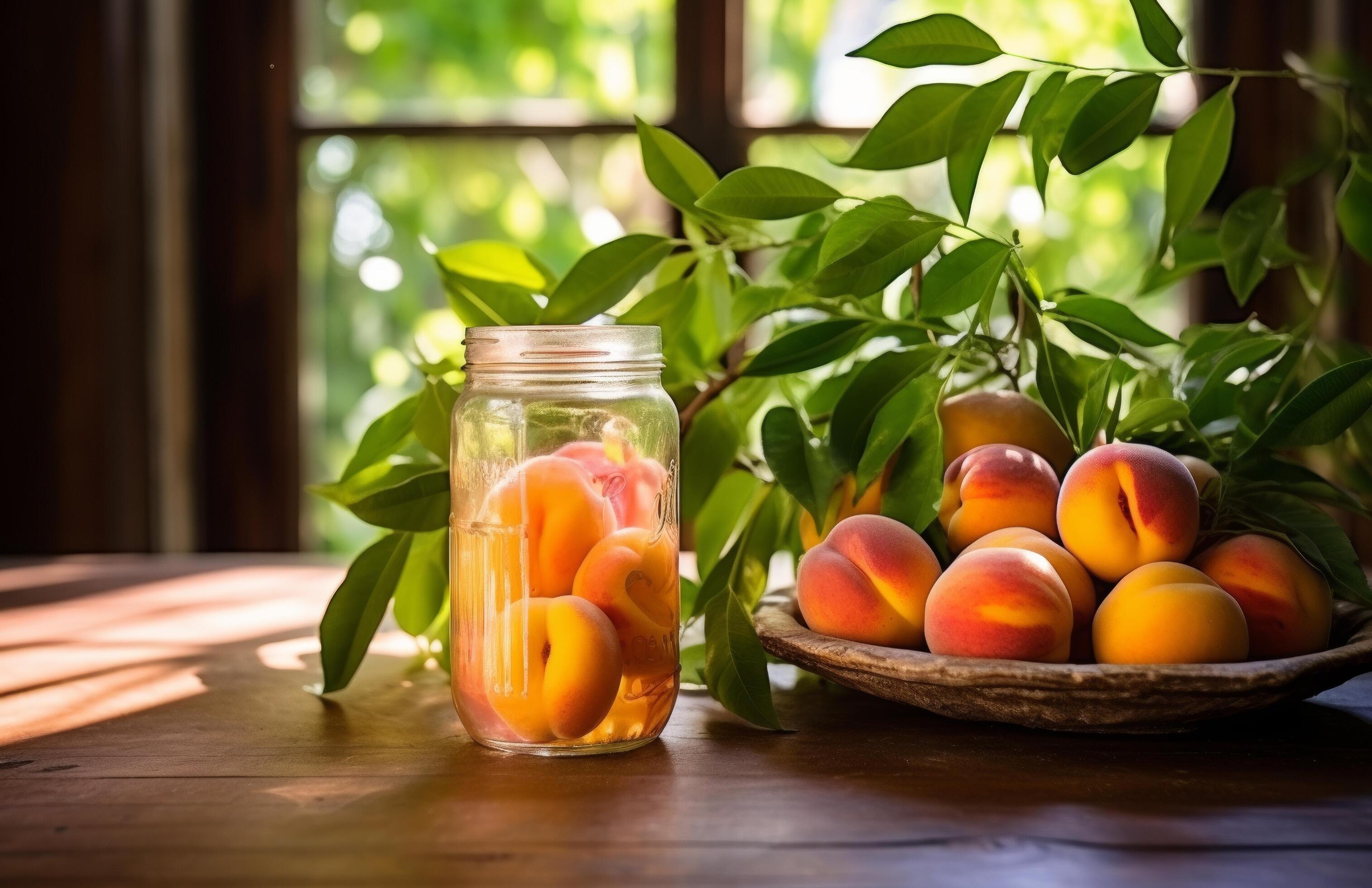 AI generated a peach jar with pieces and leaves on wooden table, glassy AI generated a peach jar with pieces and leaves on wooden table, glassy