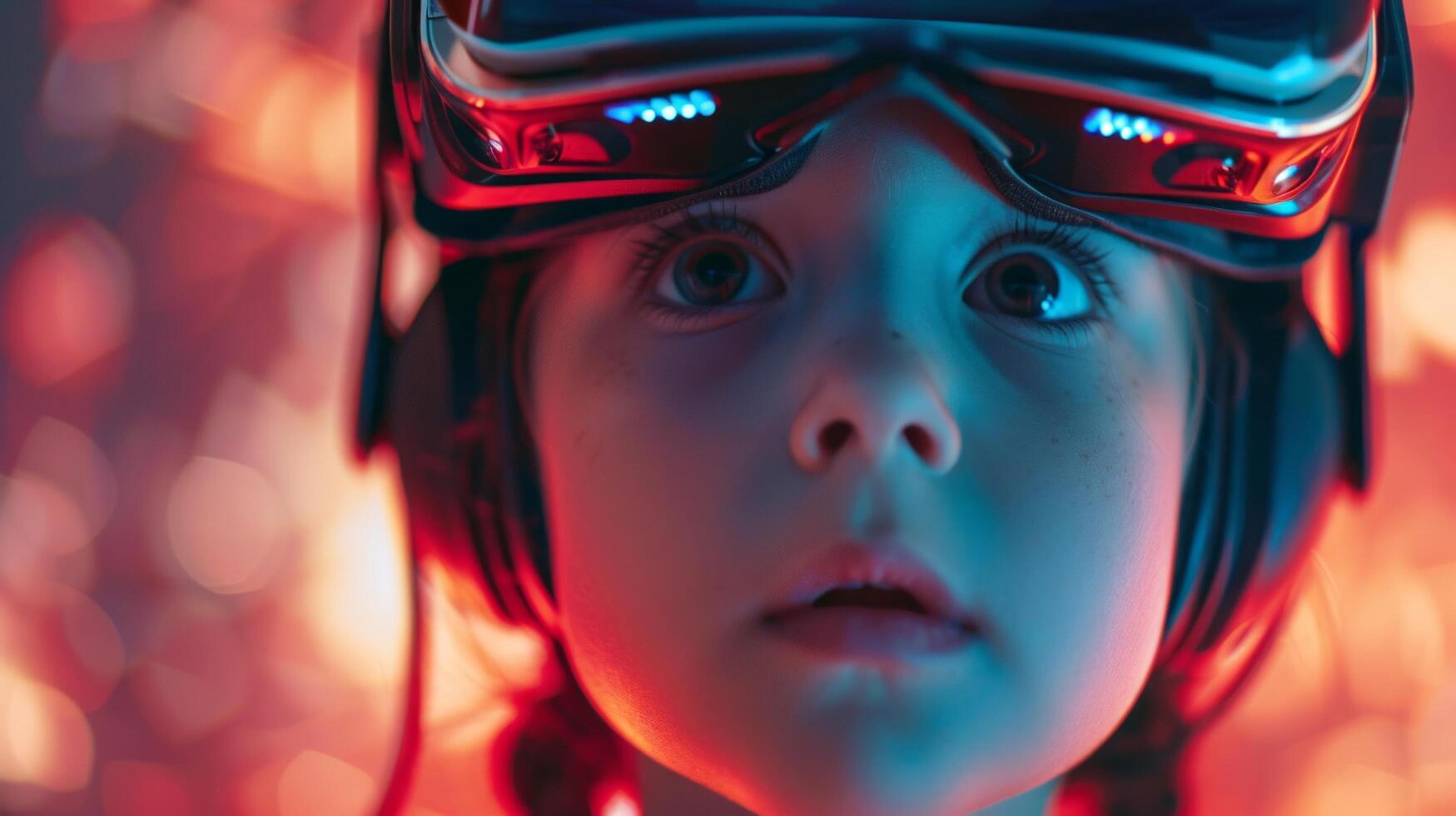 ai generado de cerca de un niño con vr auriculares, su ojos amplio con preguntarse a el virtual aventuras foto