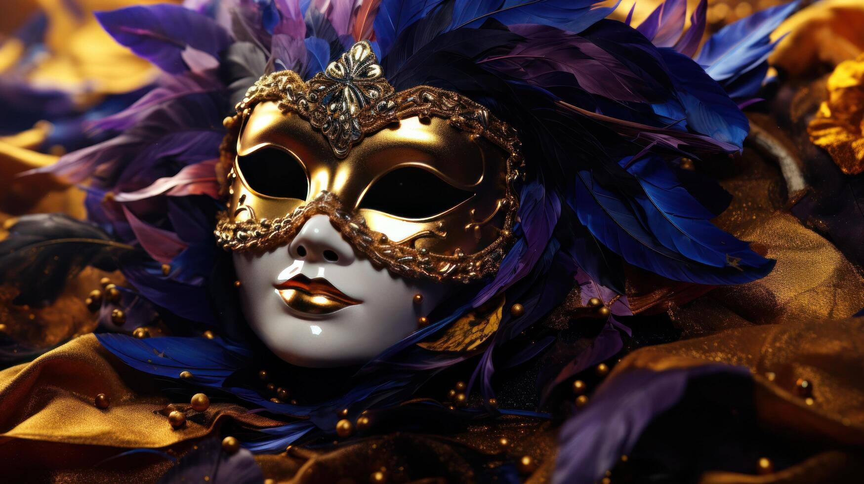AI generated carnival mask with feathers, gold, violet, blue, yellow photo