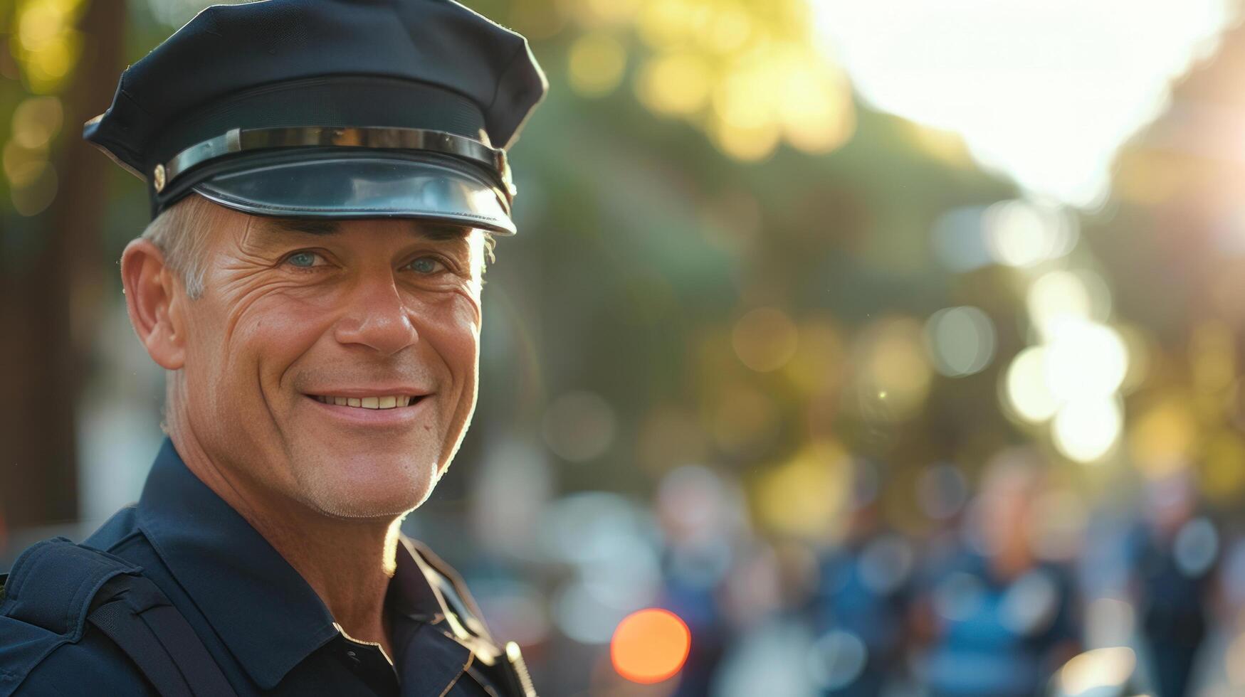 AI generated A friendly police officer, in uniform, flashes a warm smile, embodying safety and trust within the community photo