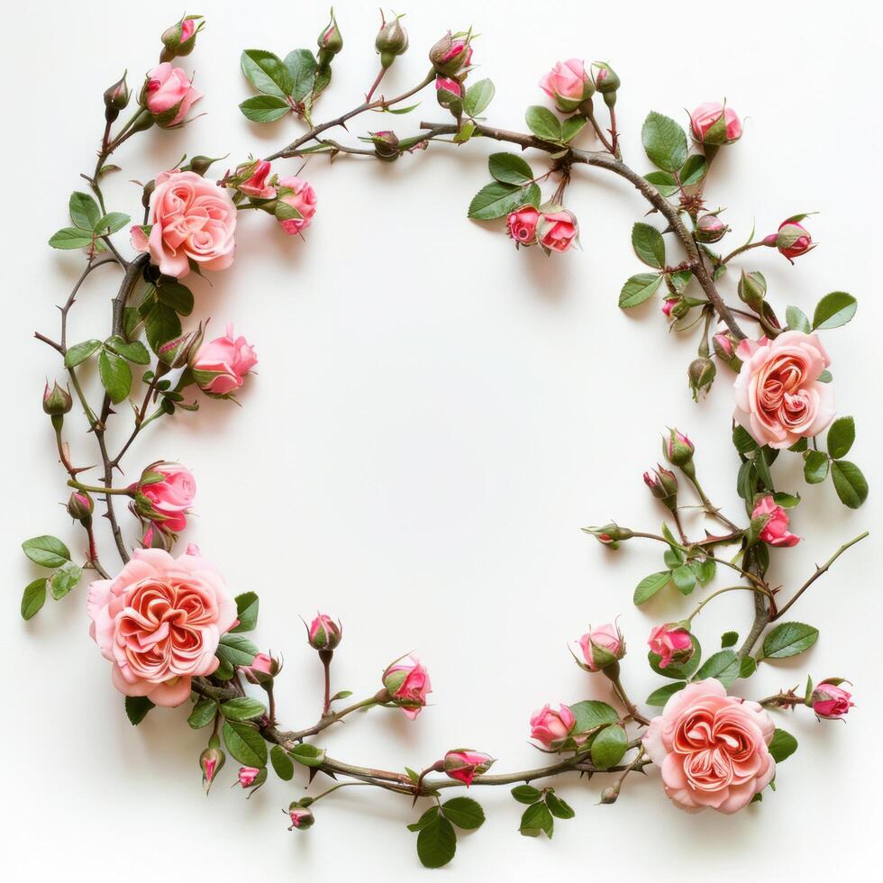 AI generated Circular wreath pattern featuring roses, pink flower buds, branches, and leaves isolated on a white background photo