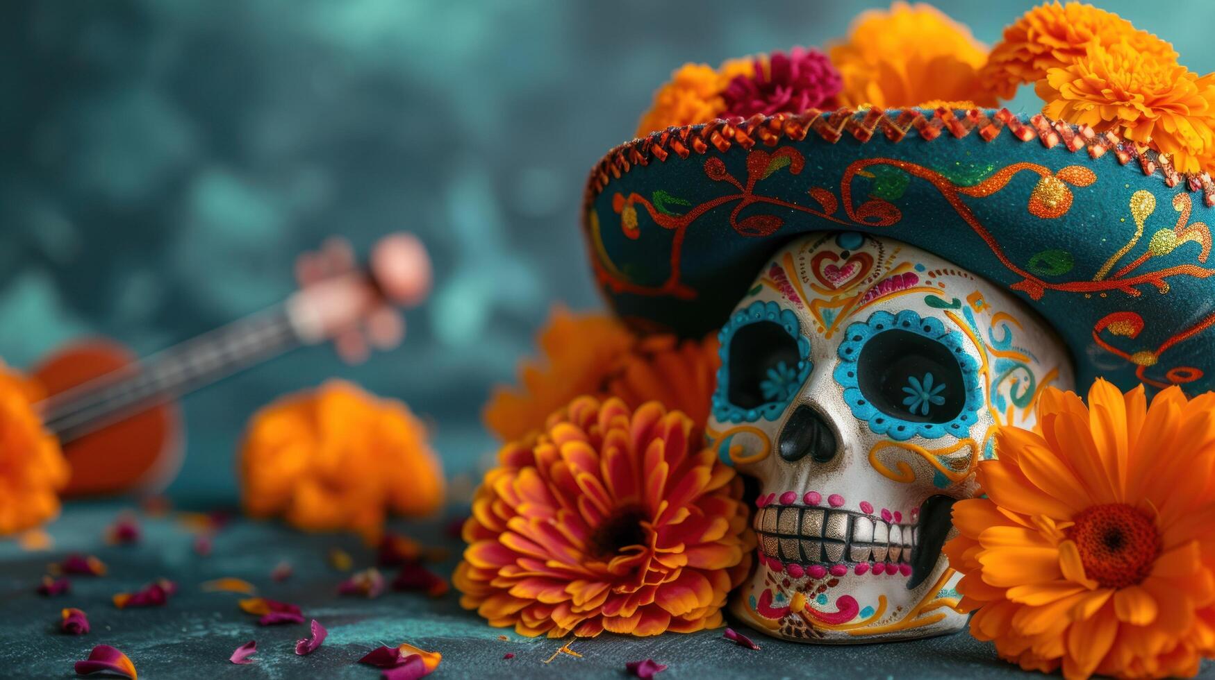 ai generado un vistoso día de el muerto carnaval configuración, con intrincado azúcar calaveras foto