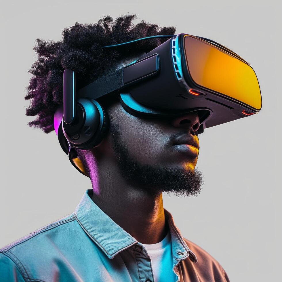 AI generated Person wearing VR goggles, their expression a mixture of concentration and amazement photo