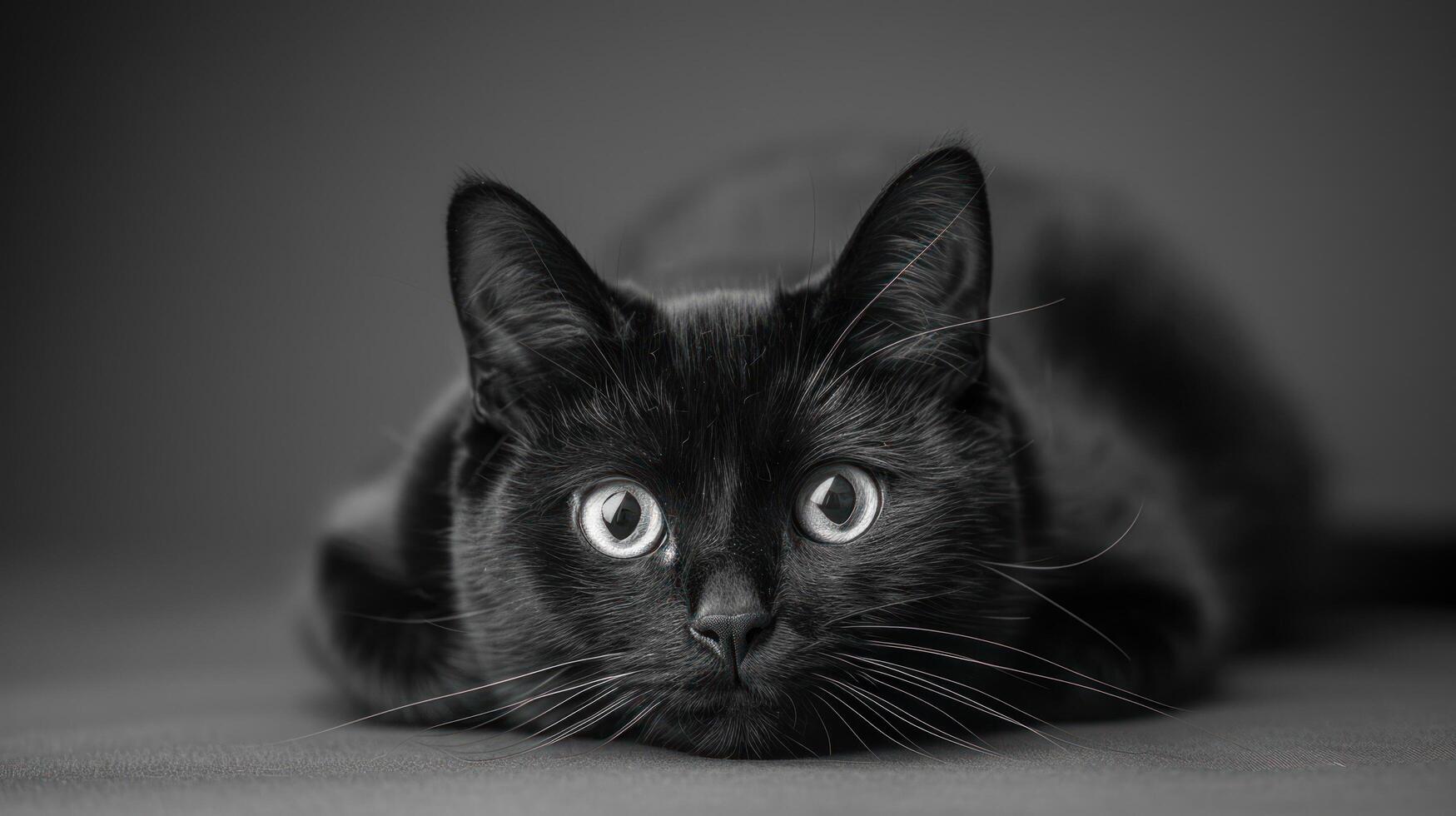 ai generado un pulcro negro gato salones graciosamente, sus mirada perforación mediante el lente con un sentido de misterio foto