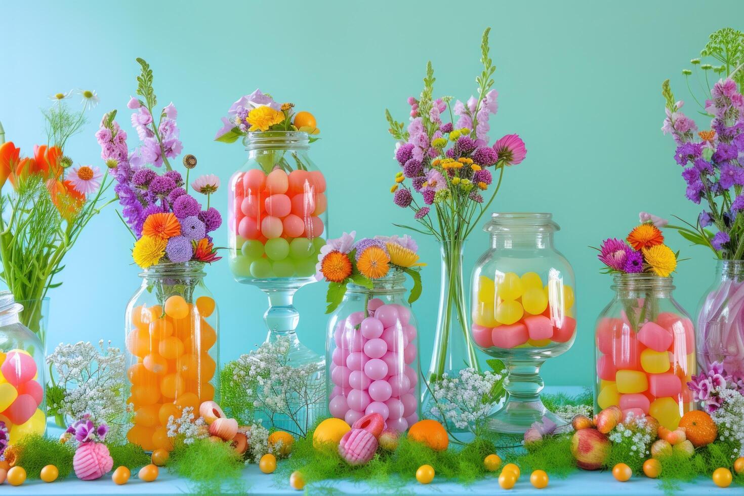 AI generated colorful jelly candy in jars near green grass and flower photo