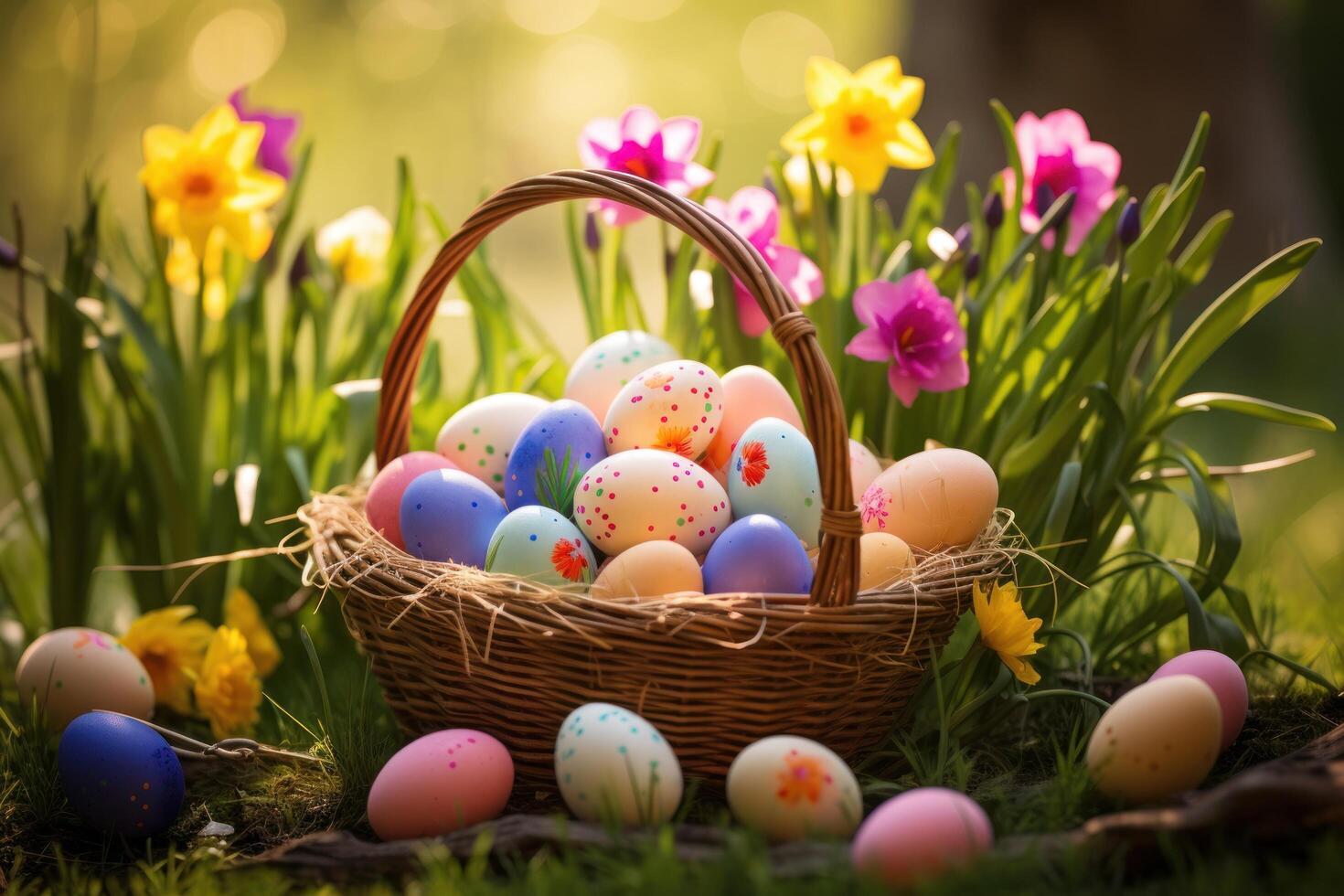 AI generated A captivating picture of a Easter basket overflowing with colorful eggs photo