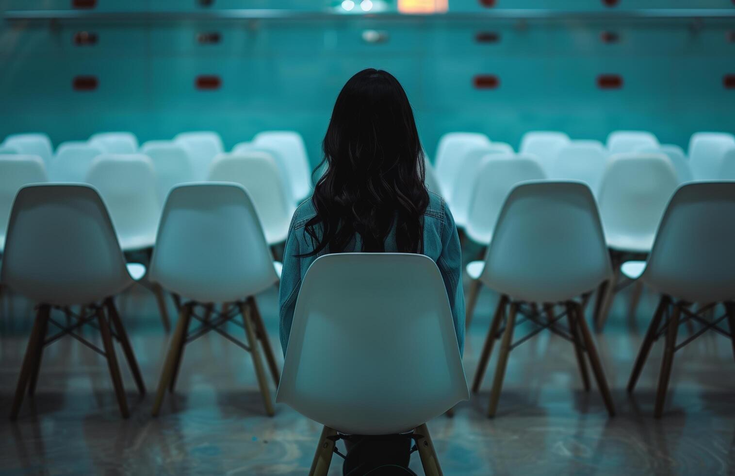 AI generated a woman sitting in a row of white chairs photo