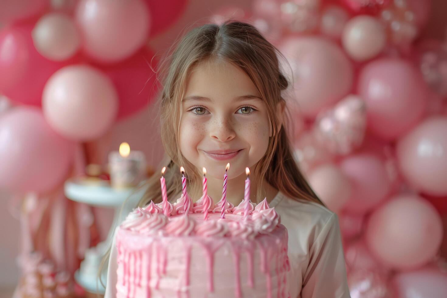 ai generado contento vestido arriba diez año antiguo niña soplo fuera velas en brillante rosado festivo cumpleaños pastel foto