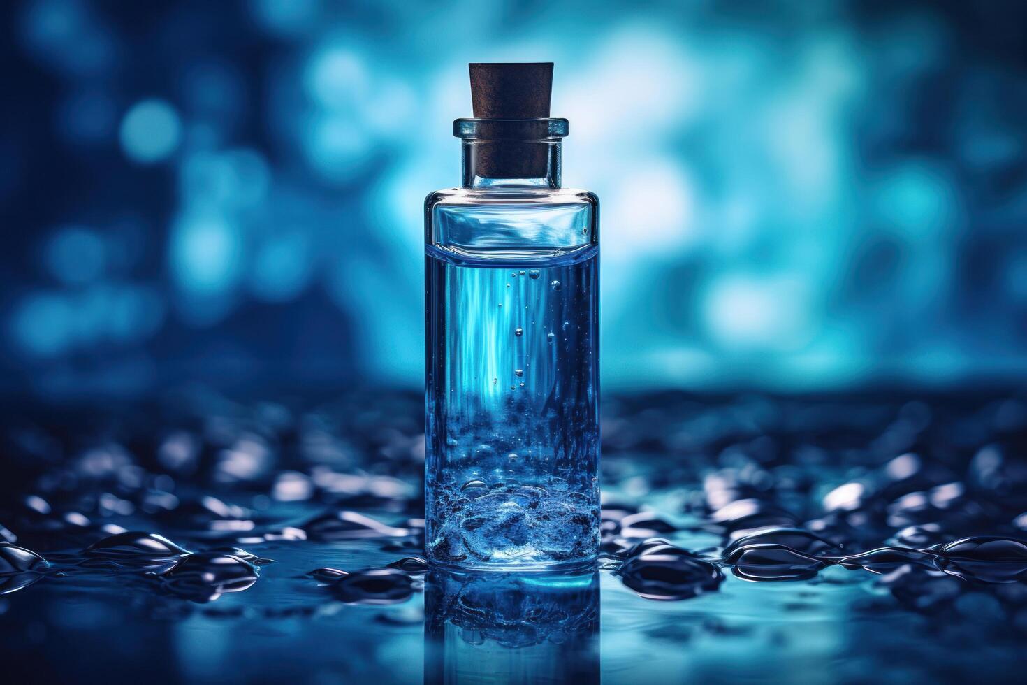 AI generated a bottle of blue liquid on blue background photo