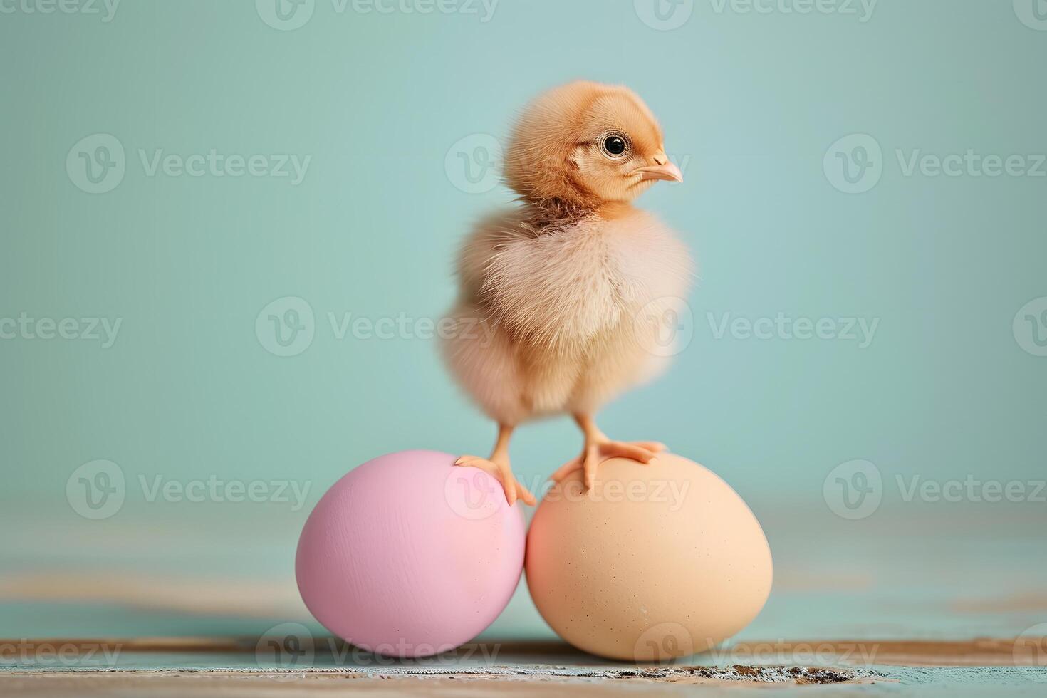 ai generado un pollo sentado en un rosado y amarillo huevo y mirando a el Derecha foto