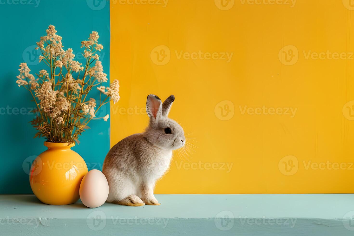 AI generated Cute rabbit with egg and flowers on a multicolored background photo