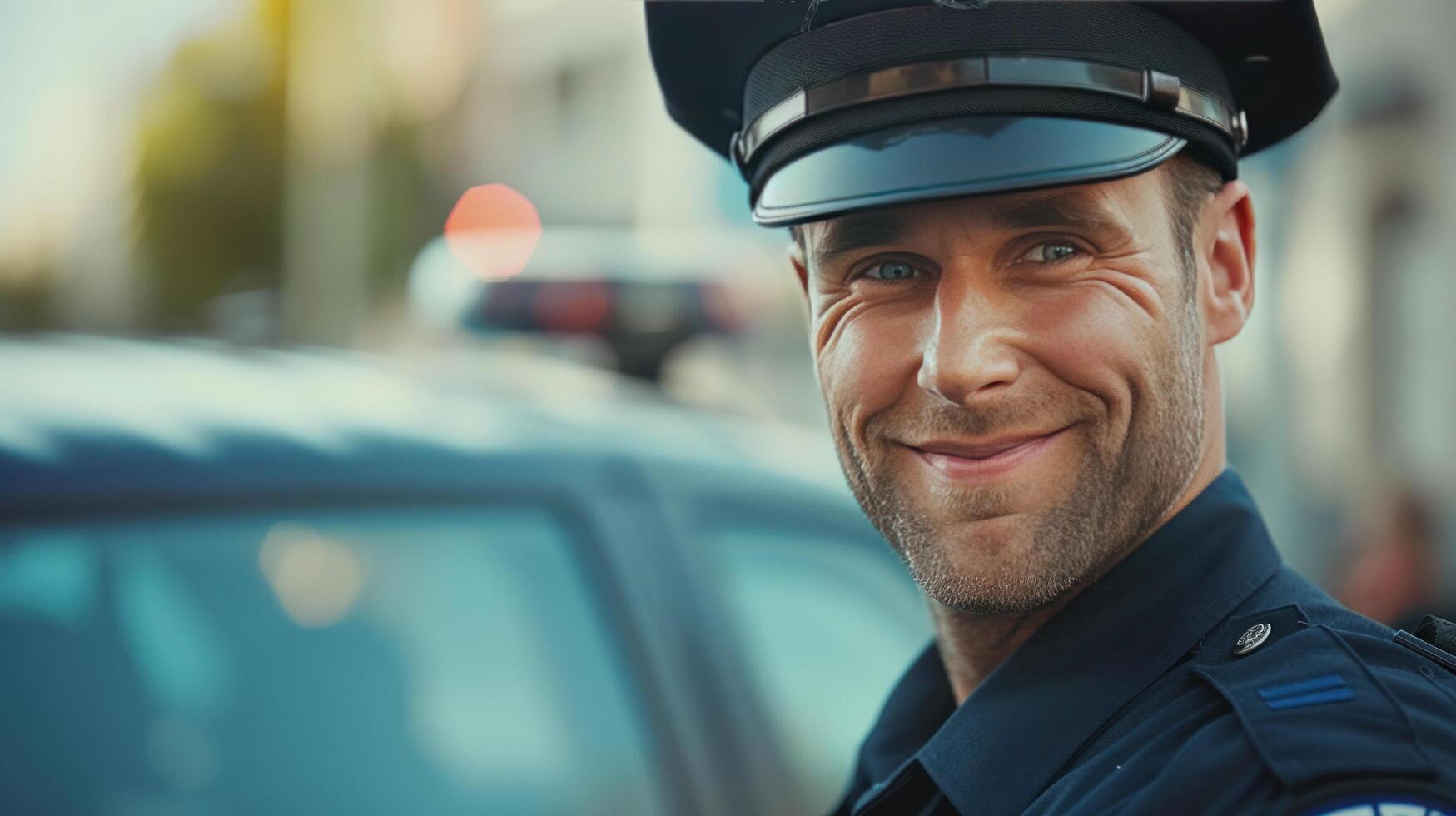 ai generado un simpático policía oficial, en uniforme, parpadea un calentar sonrisa, encarnando la seguridad y confiar dentro el comunidad foto