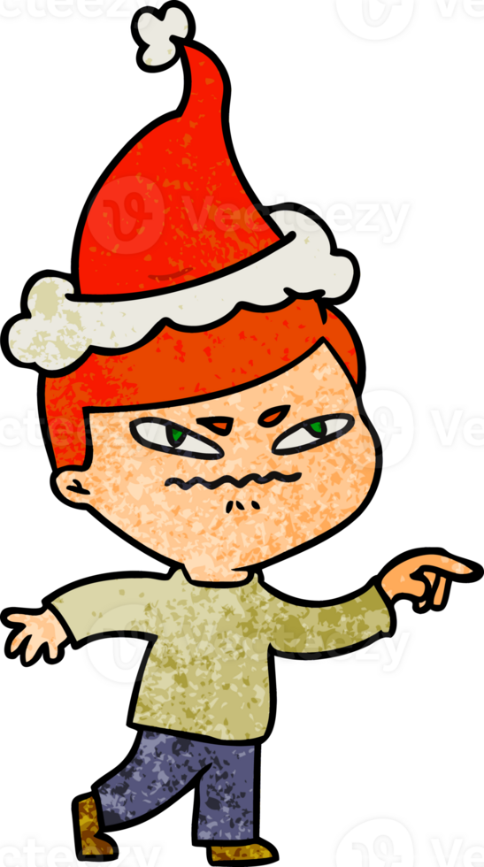 textured cartoon of a angry man pointing wearing santa hat png