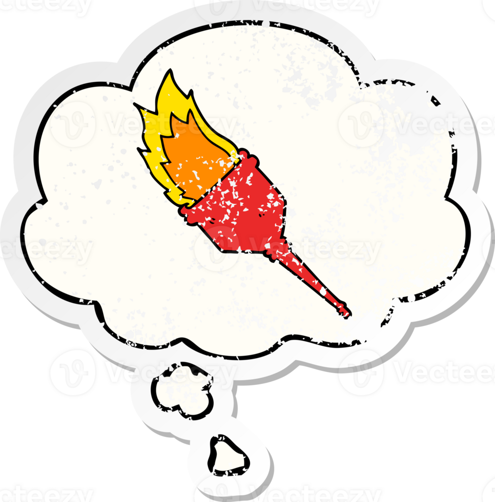 cartoon flaming torch and thought bubble as a distressed worn sticker png