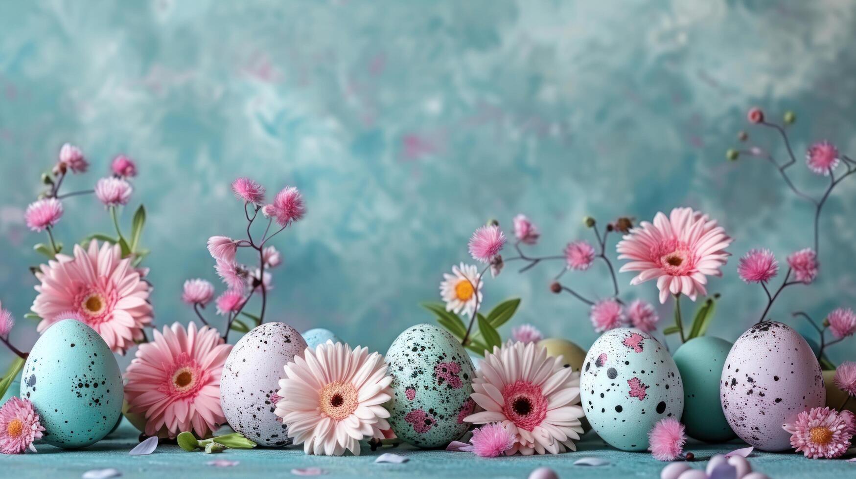 AI generated Easter eggs and flowers on a pastel background with ample copy space. photo