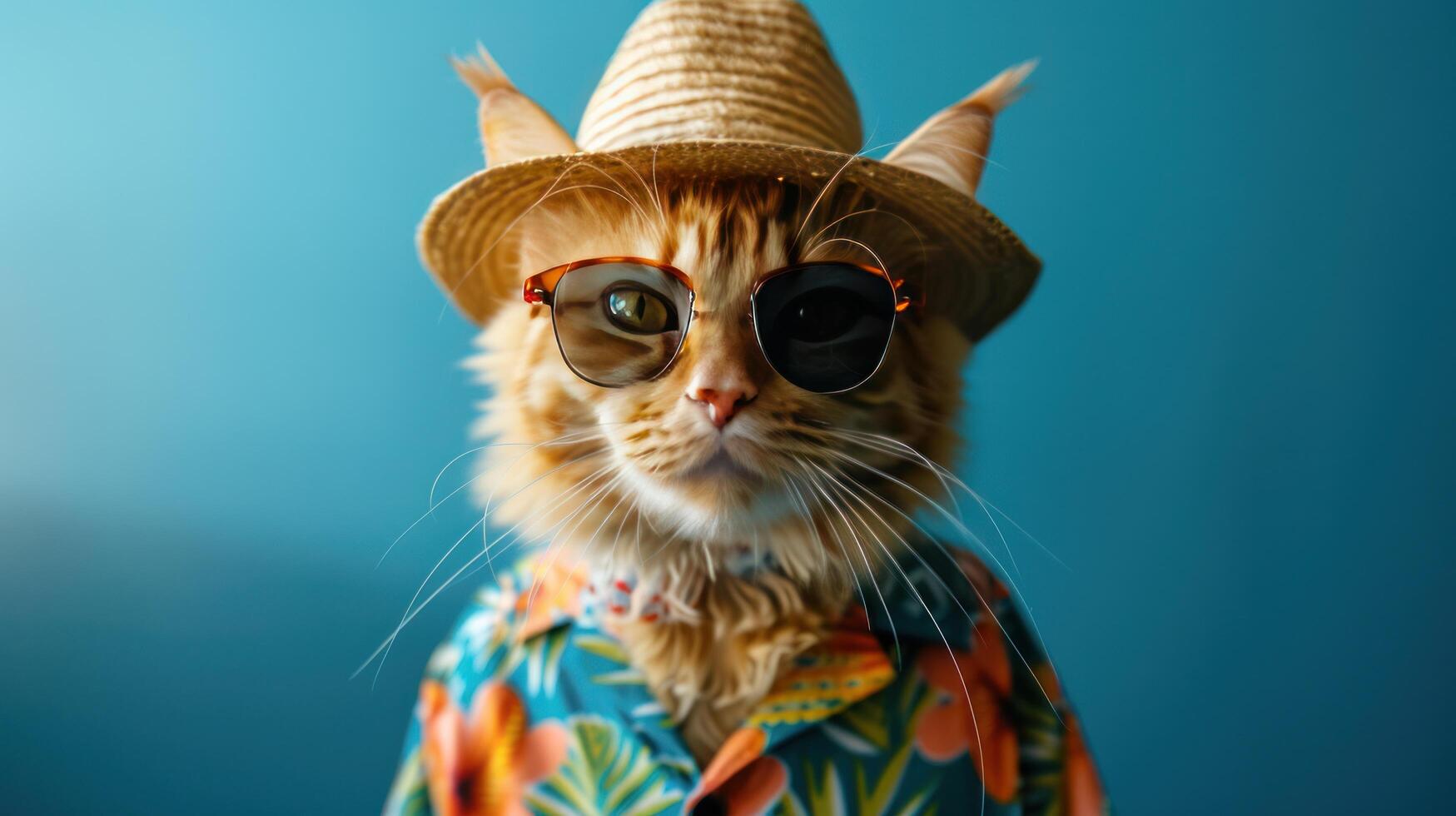AI generated A ginger fluffy cat in a Hawaiian shirt, a straw hat and sunglasses stands and looks at the camera photo