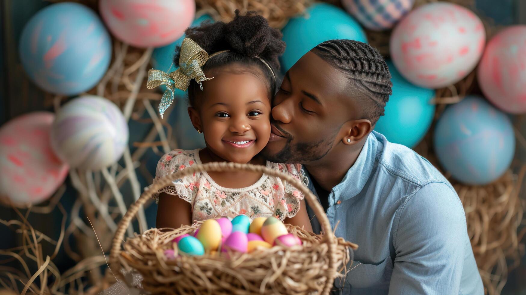 ai generado africano americano padres besos su hija mientras participación un Paja cesta lleno con Pascua de Resurrección huevos foto