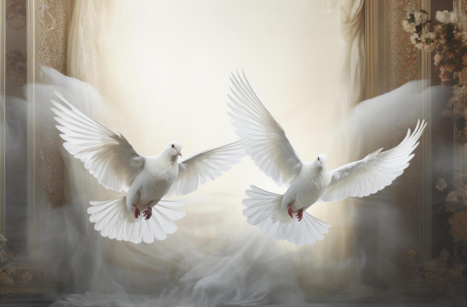 AI generated two white doves soaring through the sky photo