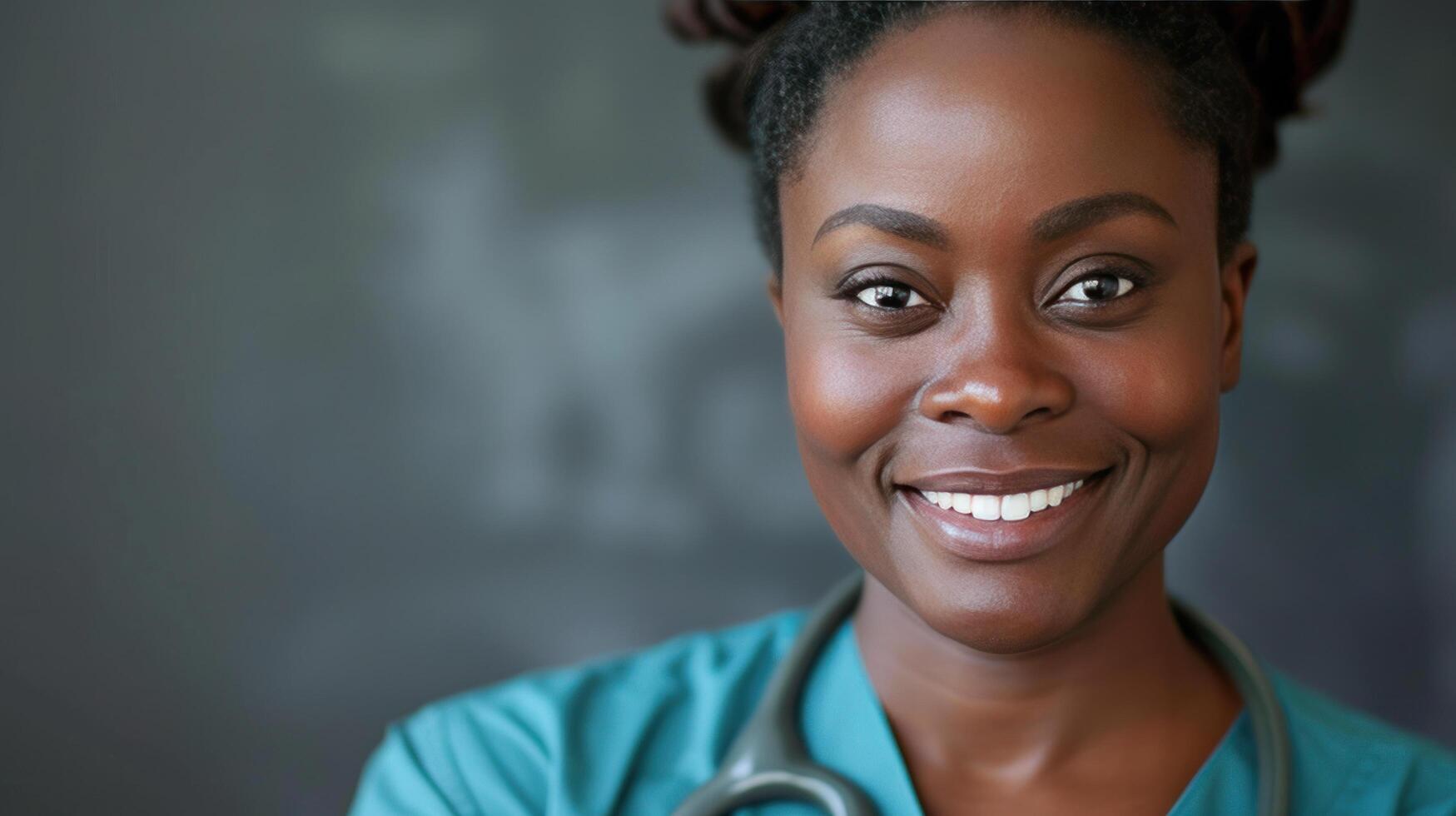 AI generated A compassionate nurse, in scrubs, smiles warmly, representing care and empathy in the healthcare profession photo