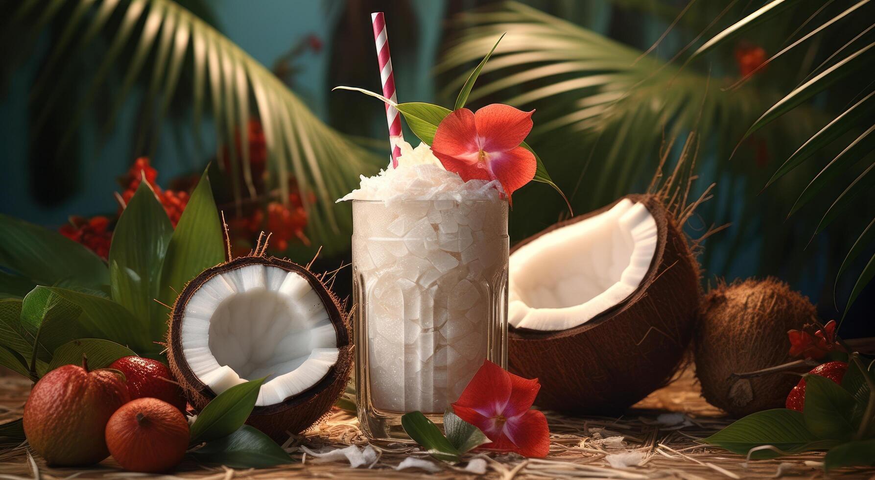AI generated coconut drink with mango, strawberries and coconut leaves photo