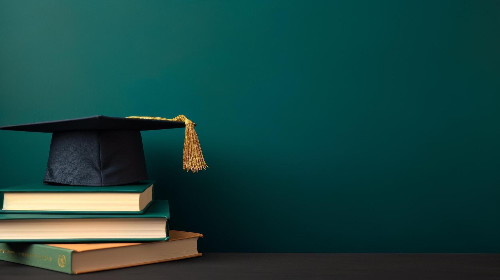AI generated a minimalistic dark green background on which there are bright colored books without inscriptions photo