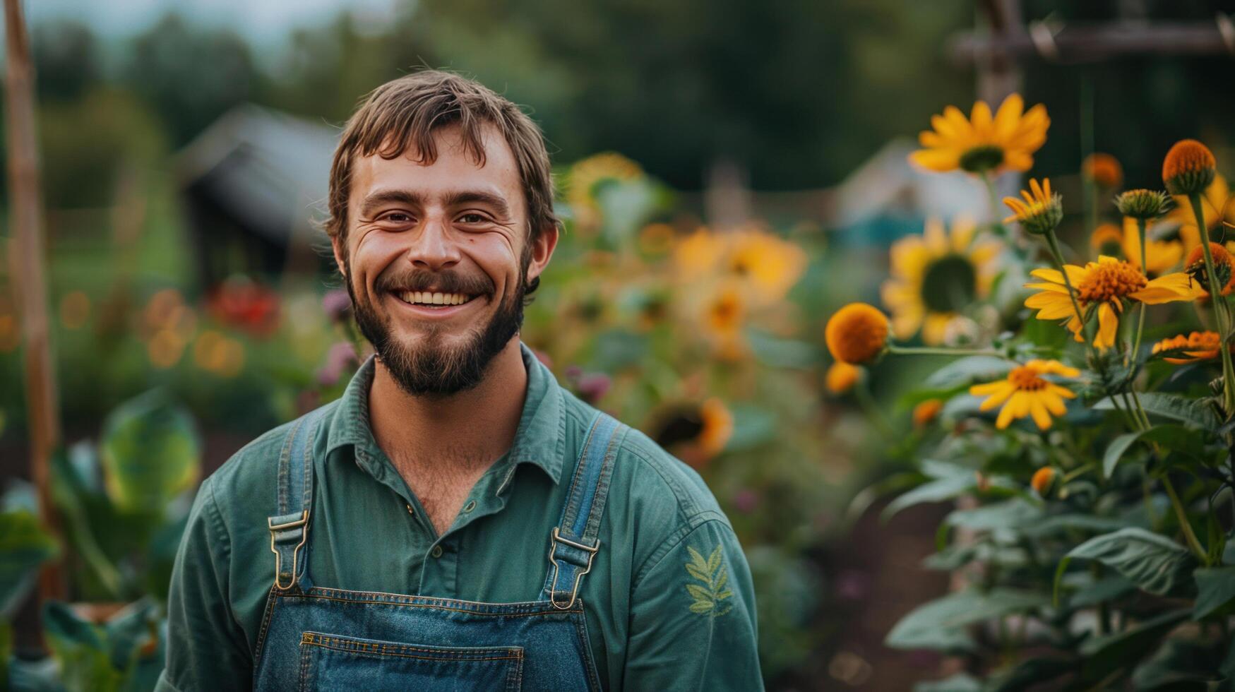 AI generated young handsome farmer in a green shirt and denim overalls looks smiling at the camera photo