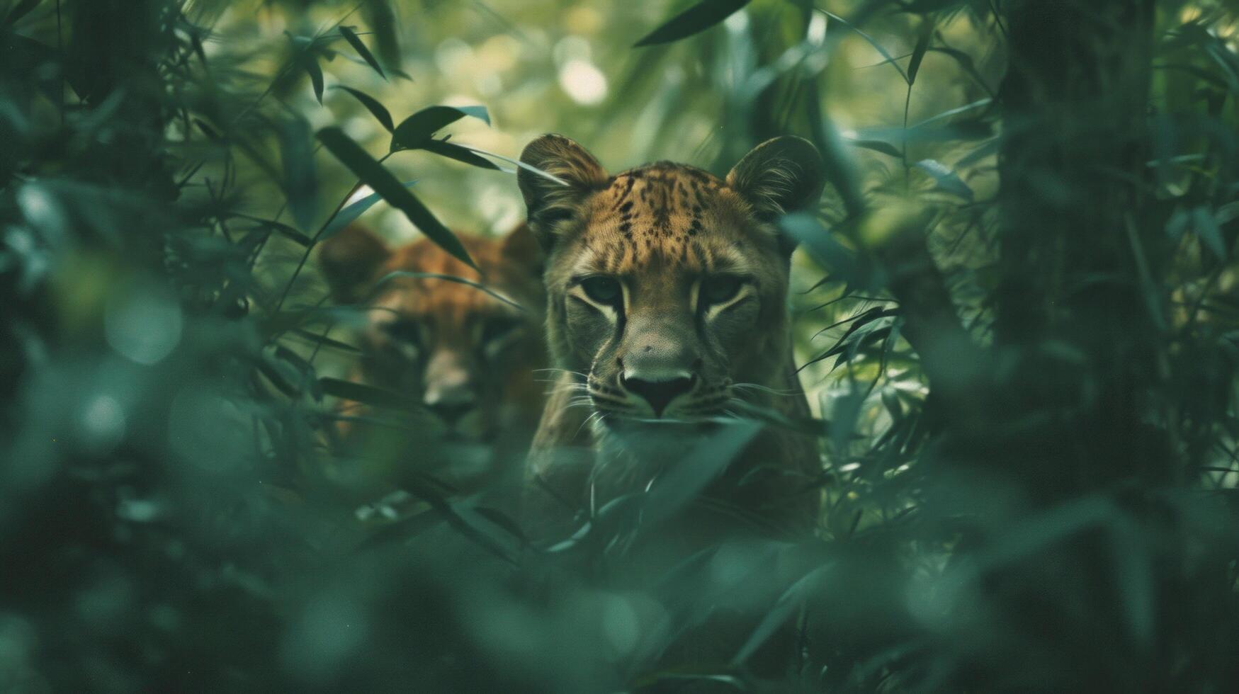 AI generated Enigmatic big cats prowling through dense jungle undergrowth, their stealthy movements a testament to their wild spirit photo