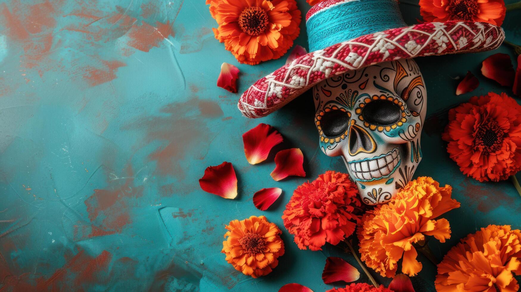 ai generado un vistoso día de el muerto carnaval configuración, con intrincado azúcar calaveras foto