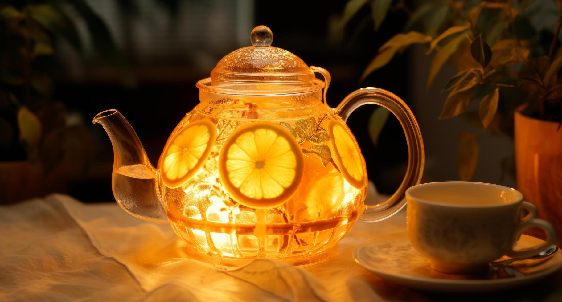 AI generated lemonade teapot with slices of lemon photo