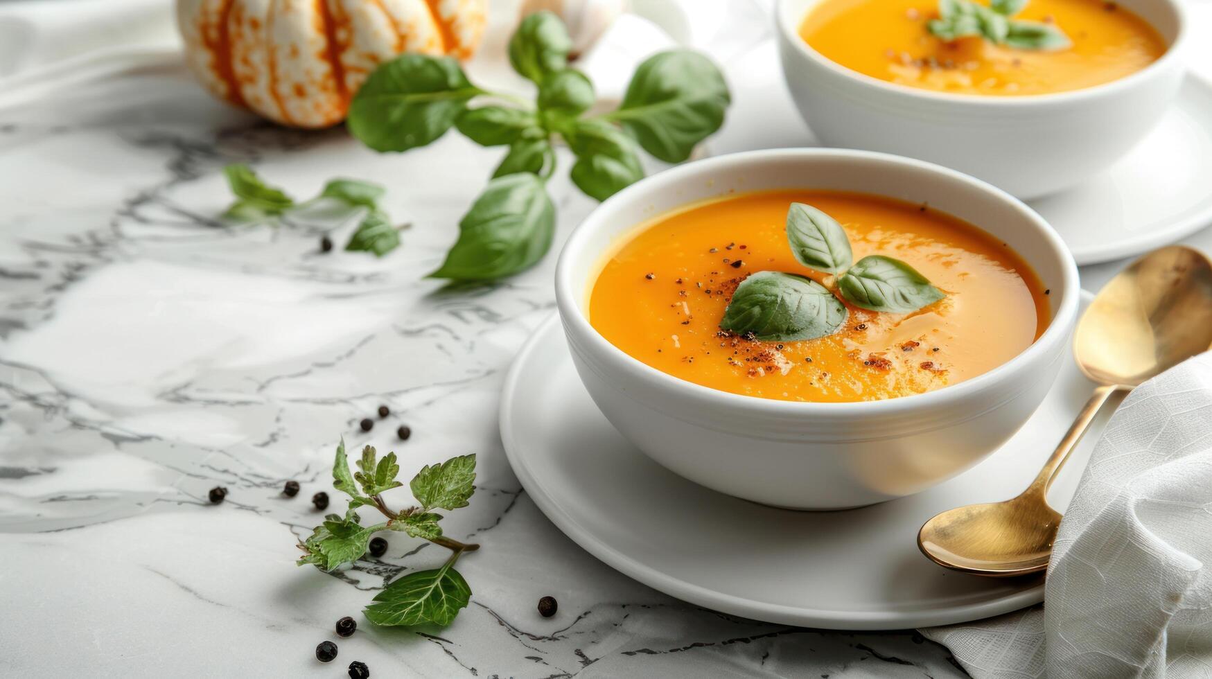 AI generated Beautiful photo of pumpkin soup in white plates on a white marble table