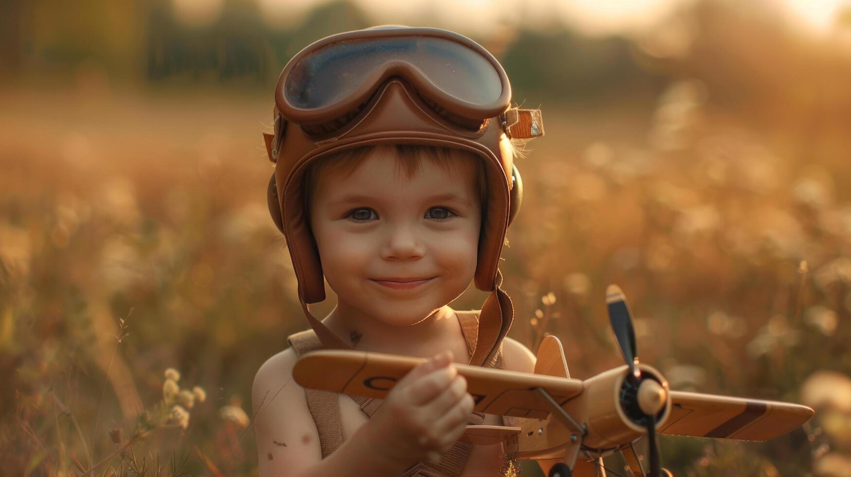 AI generated A little cute boy in a pilot's helmet plays with wooden airplanes photo