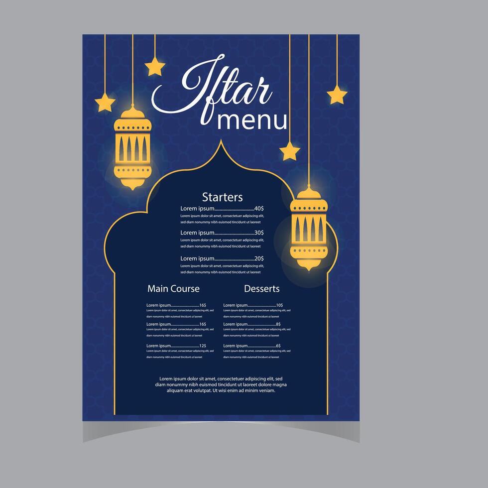 vector flat iftar vertical menu template Ramadan menu template in Blue islamic background design. Also good template for restaurant menu design.