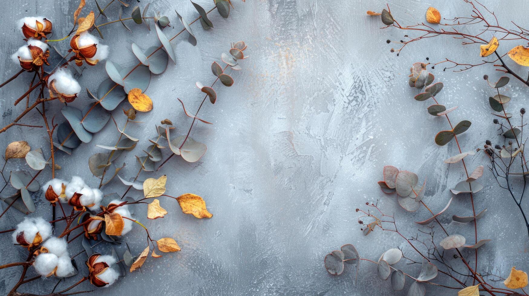 AI generated Eucalyptus Branches, Cotton Flowers, and Dried Leaves in a Frame on a Pastel Gray Background photo
