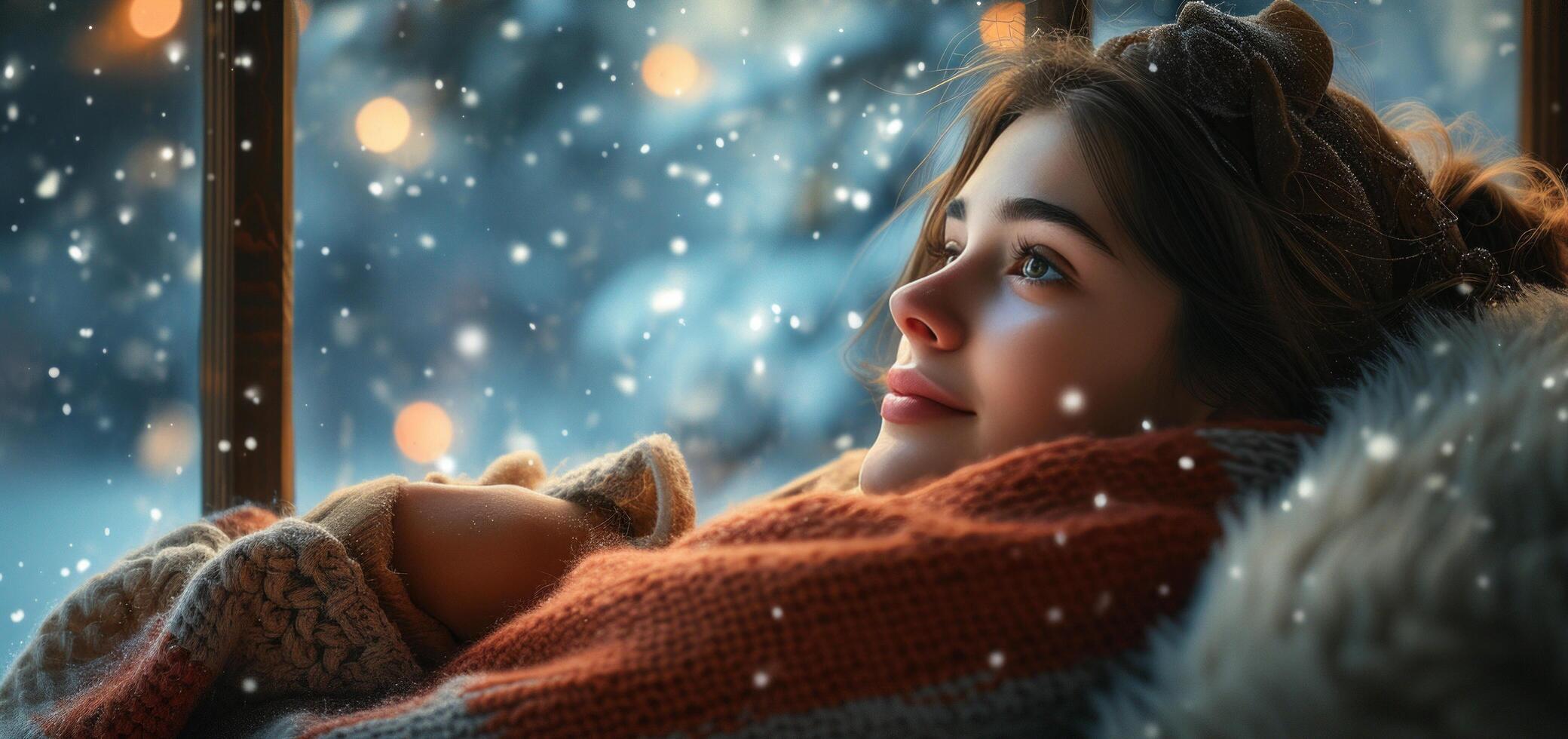 AI generated A radiant young woman, cocooned in a cozy blanket, gazes peacefully out the window at swirling snowflakes photo