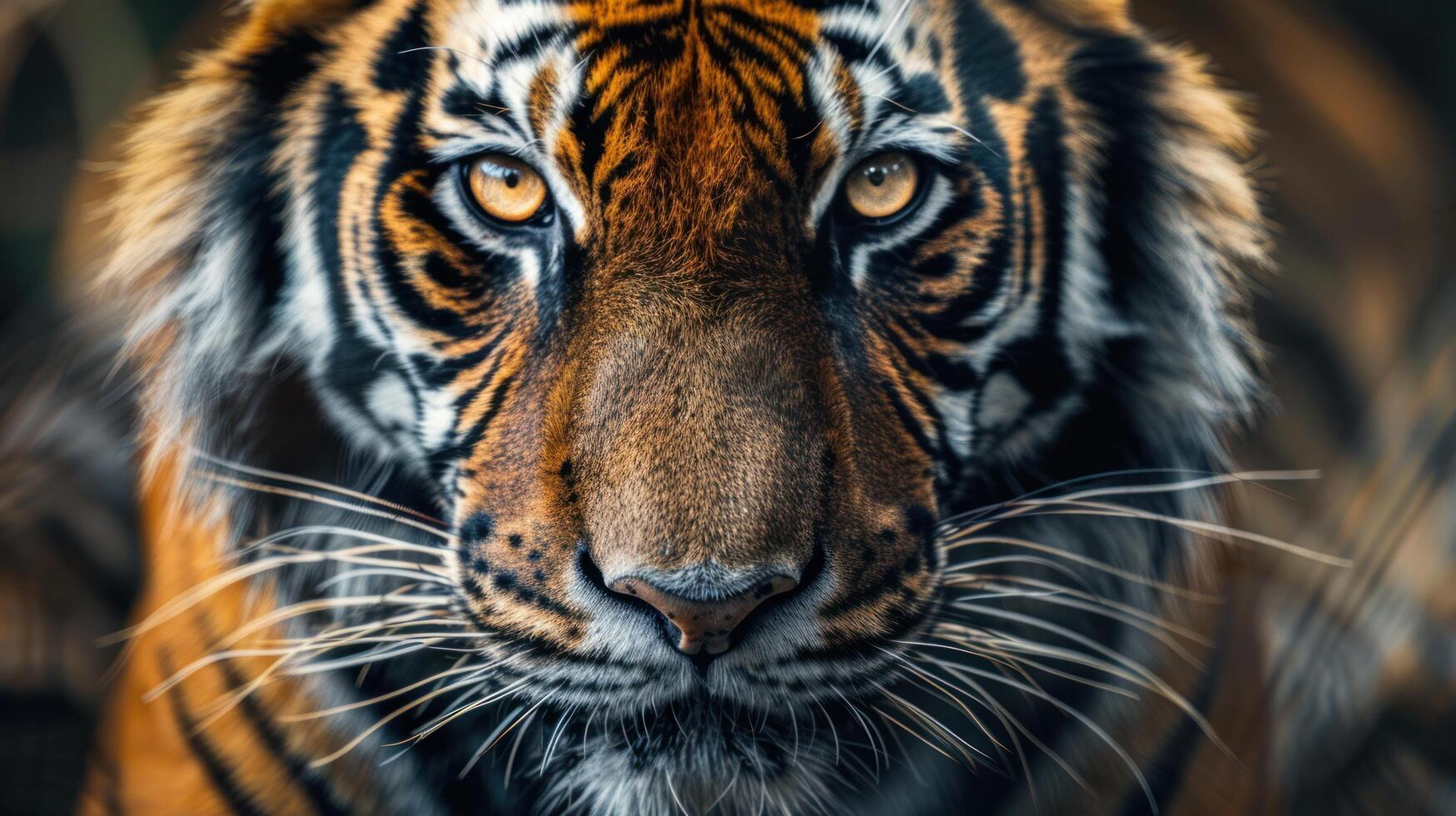 AI generated Intense close-up of a wild tiger's piercing gaze, exuding power and grace photo