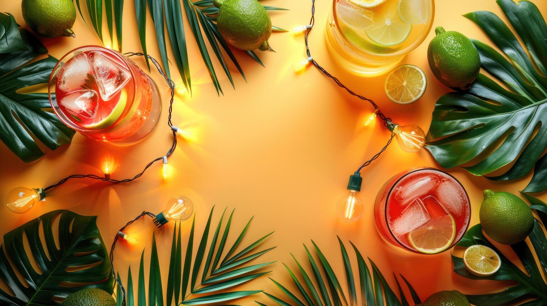 AI generated Abstract minimalistic background for a summer holiday party with palm trees, alcoholic cocktails, garlands photo