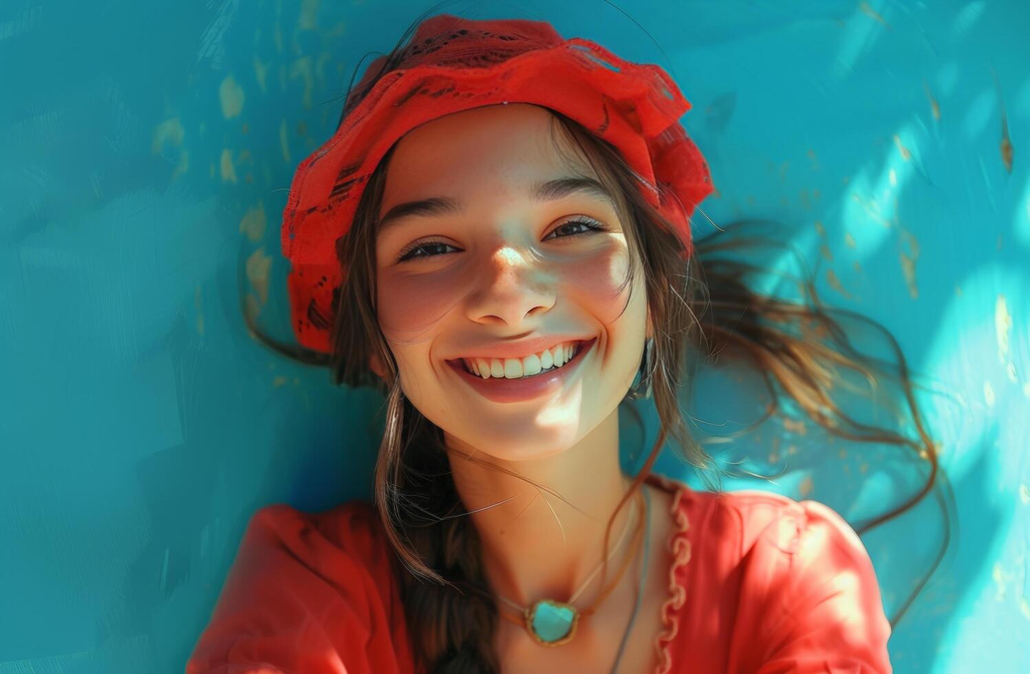 ai generado un joven niña sonriente mientras tomando un selfie en azul antecedentes foto