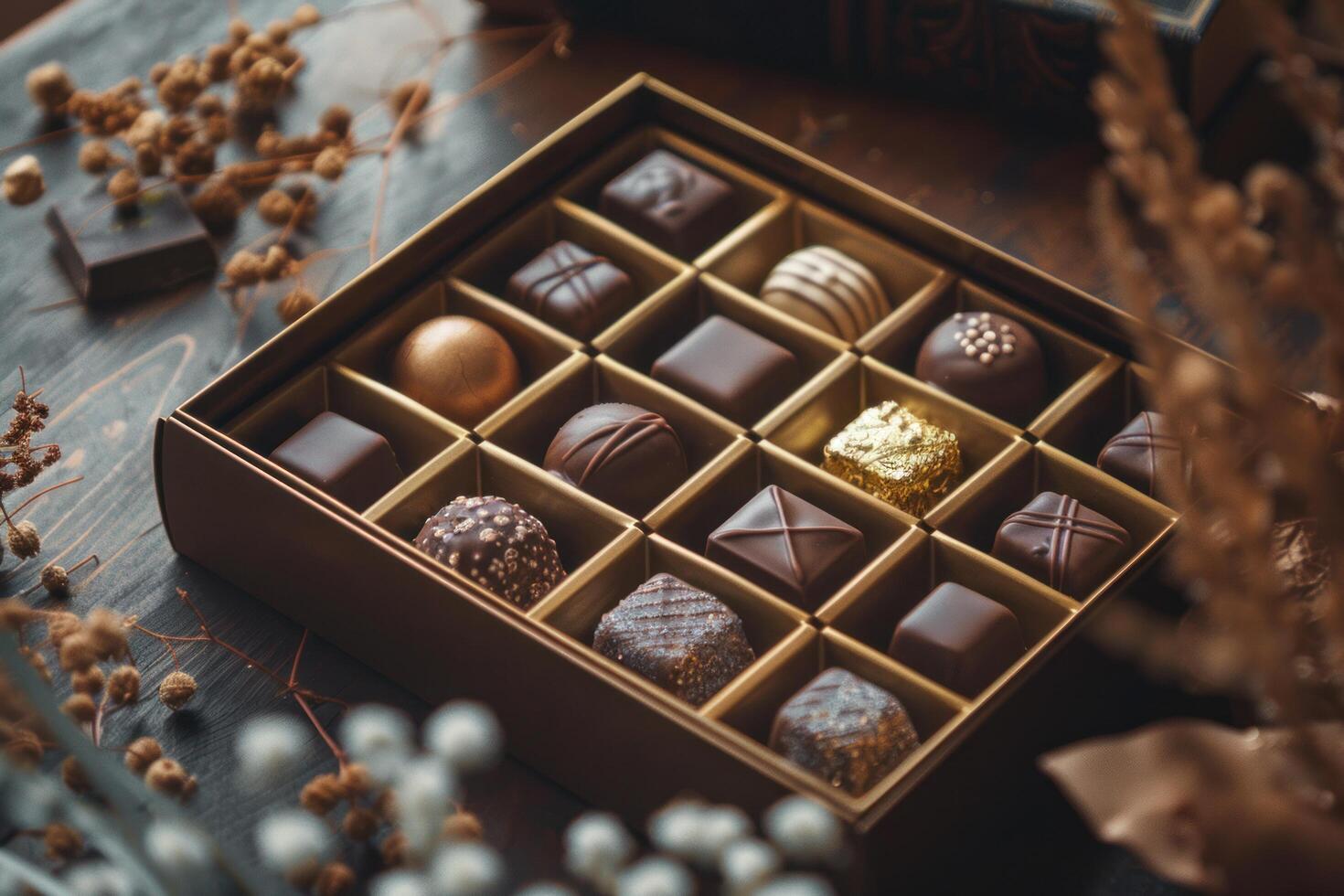 ai generado chocolates presentado en un regalo caja foto